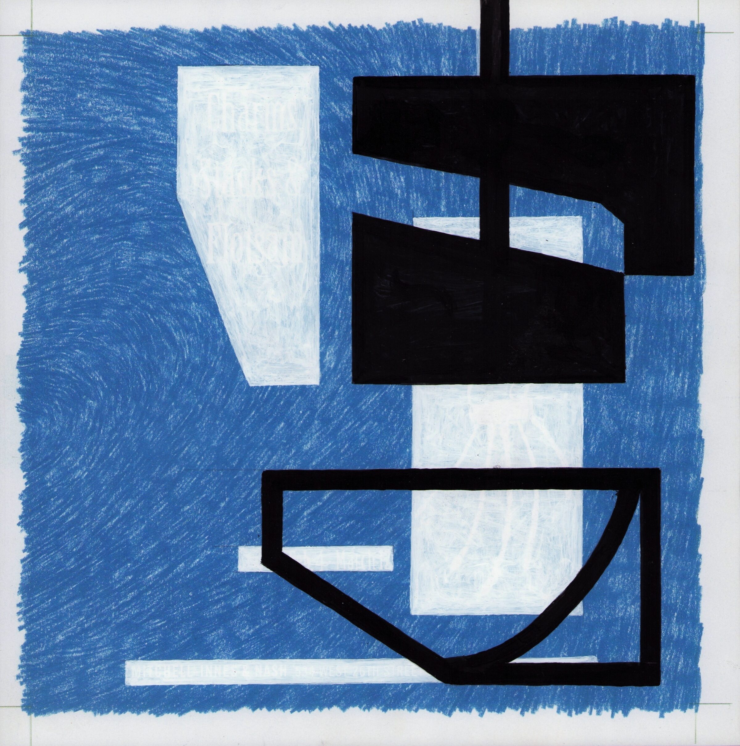 Abstract composition on blue textured background featuring bold black geometric shapes and white rectangular forms. The layered design combines angular lines, a cross-like figure, and curved elements that create a sense of depth and movement across the surface.