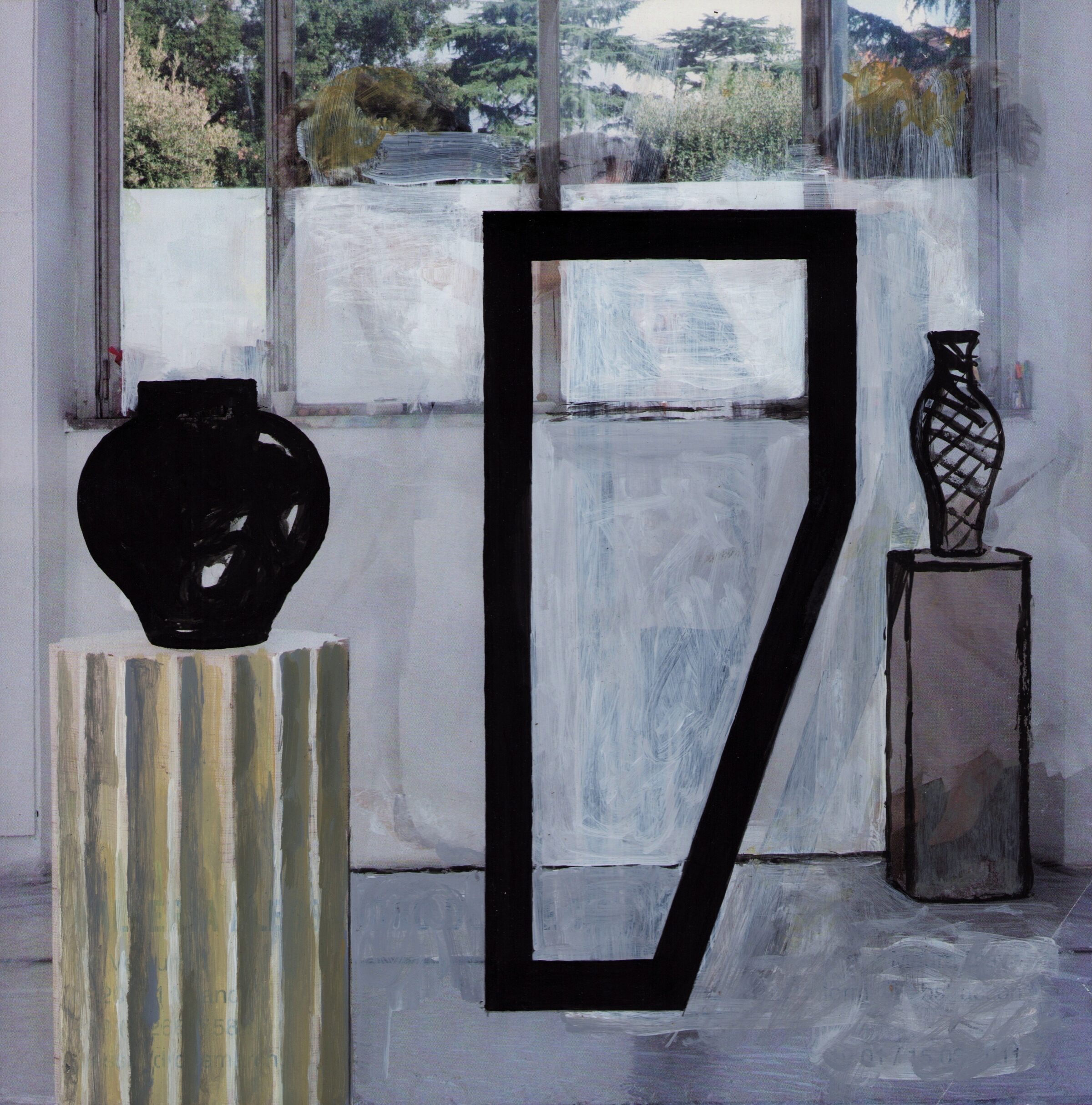 Interior gallery scene with large windows overlooking a misty landscape. A black spherical vessel sits atop a striped cylindrical pedestal on the left, while a black geometric frame occupies the center, and a woven black vessel rests on a dark rectangular base on the right. The composition is rendered in muted tones of gray, white, and earth colors with gestural brushwork.