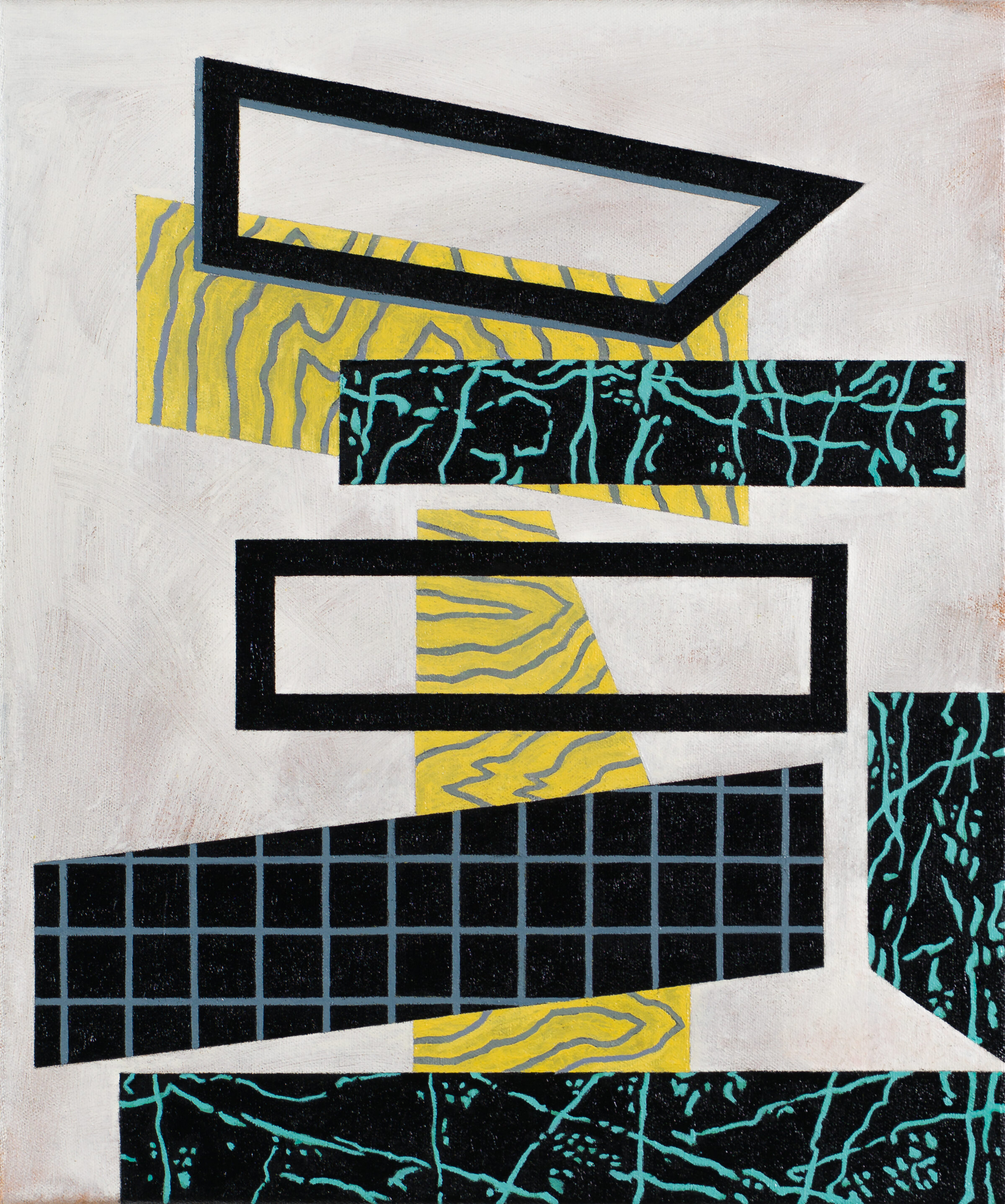 Abstract geometric composition featuring overlapping horizontal rectangular forms with contrasting textures: yellow and gray wavy lines, black outlined frames, black grid patterns, and turquoise cracked or organic patterns against a light neutral background.