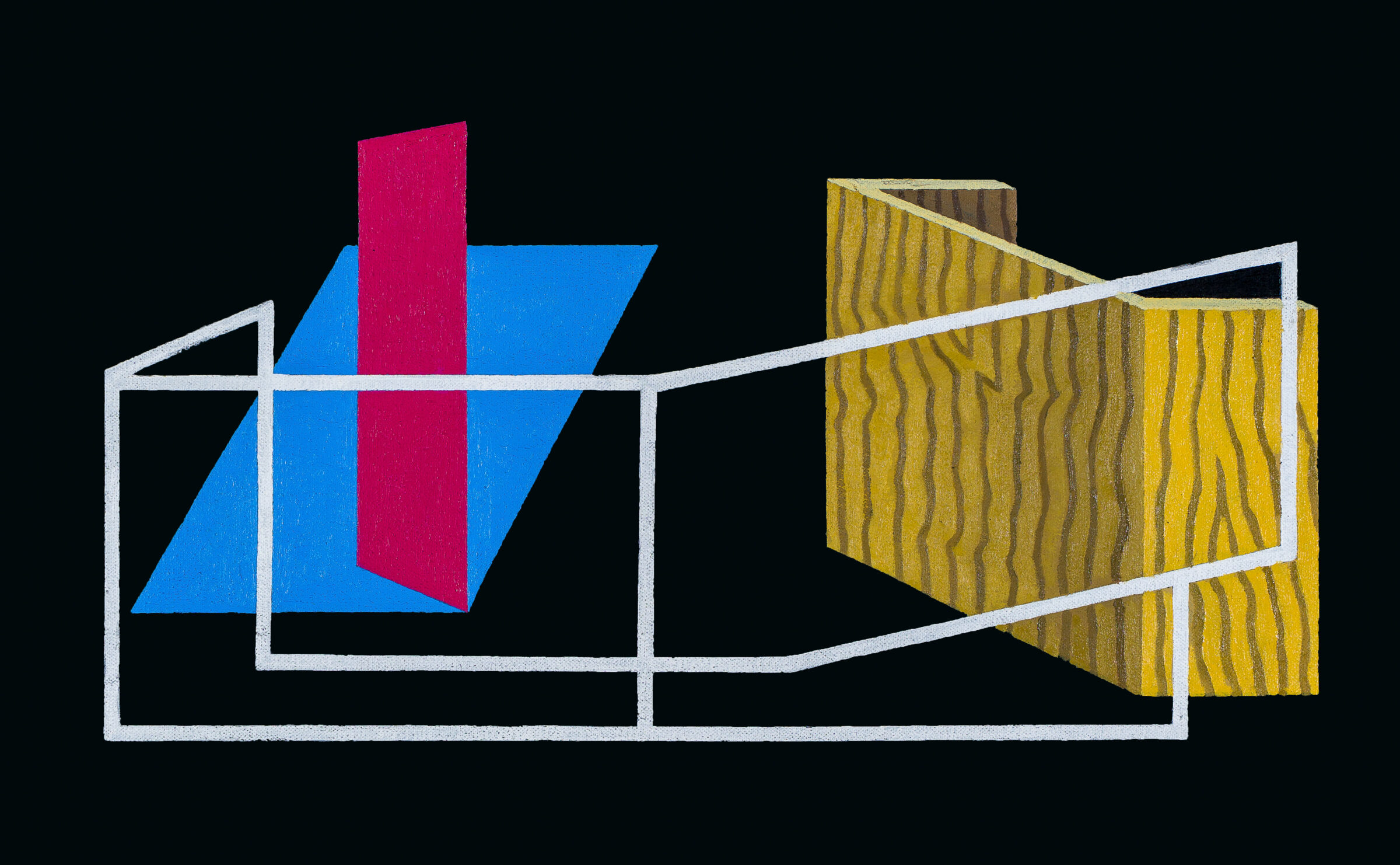 A geometric composition featuring a white outlined architectural framework dividing the canvas into sections. The left section contains blue and magenta shapes with a red vertical rectangle, while the right section displays a yellow and brown striped three-dimensional form suggesting a wooden structure, all set against a black background.