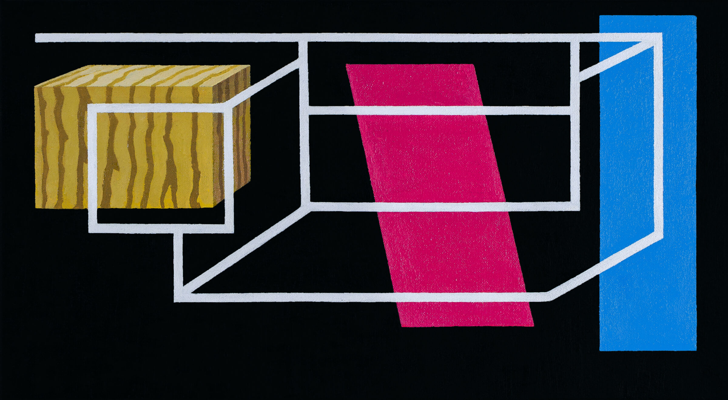 Abstract composition featuring geometric forms in yellow with wood grain texture, magenta parallelograms, and a bright blue rectangular form, arranged within a white linear framework against a black background.