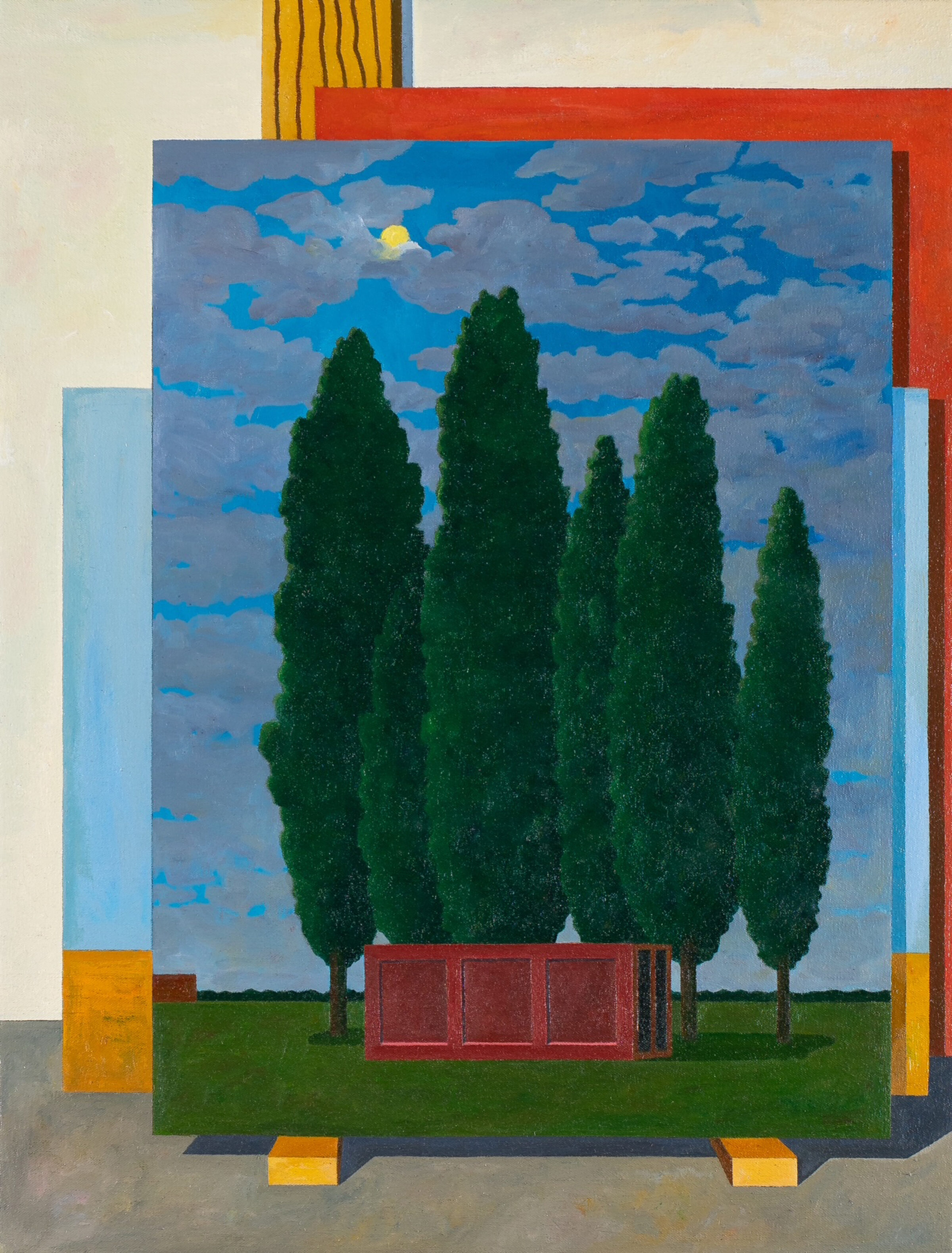 Geometric composition featuring five towering cypress trees silhouetted in deep green against a blue sky with clouds and yellow sun, centered within a red rectangular frame. The landscape sits on green grass with a small red structure at its base, surrounded by an abstract arrangement of colored rectangular forms in red, orange, yellow, and blue that extend beyond the main scene.