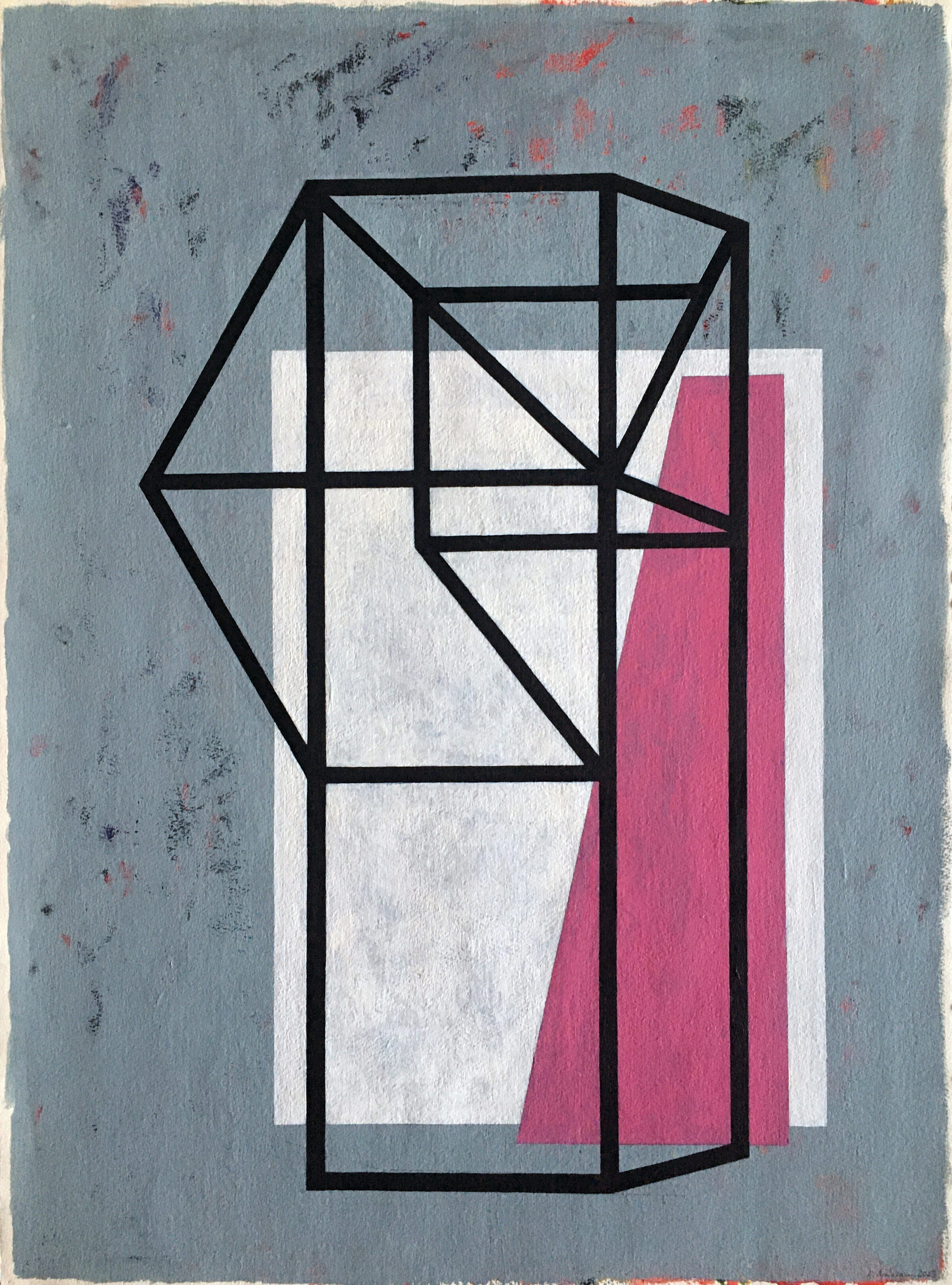 Abstract geometric composition featuring a three-dimensional wireframe structure rendered in black lines overlaying white and magenta rectangular forms against a muted blue-gray background with visible texture and subtle red and black accents.
