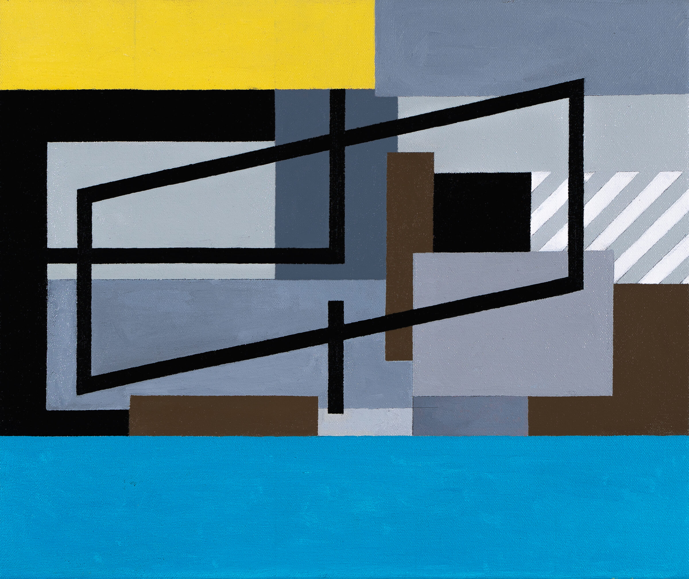 Abstract geometric composition featuring overlapping rectangular forms outlined in black, layered across fields of soft blue, grey, tan, and white. A bright yellow rectangle anchors the upper left, while a vivid blue band runs along the bottom, creating a structured yet dynamic interplay of horizontal and vertical elements against muted, intersecting planes.