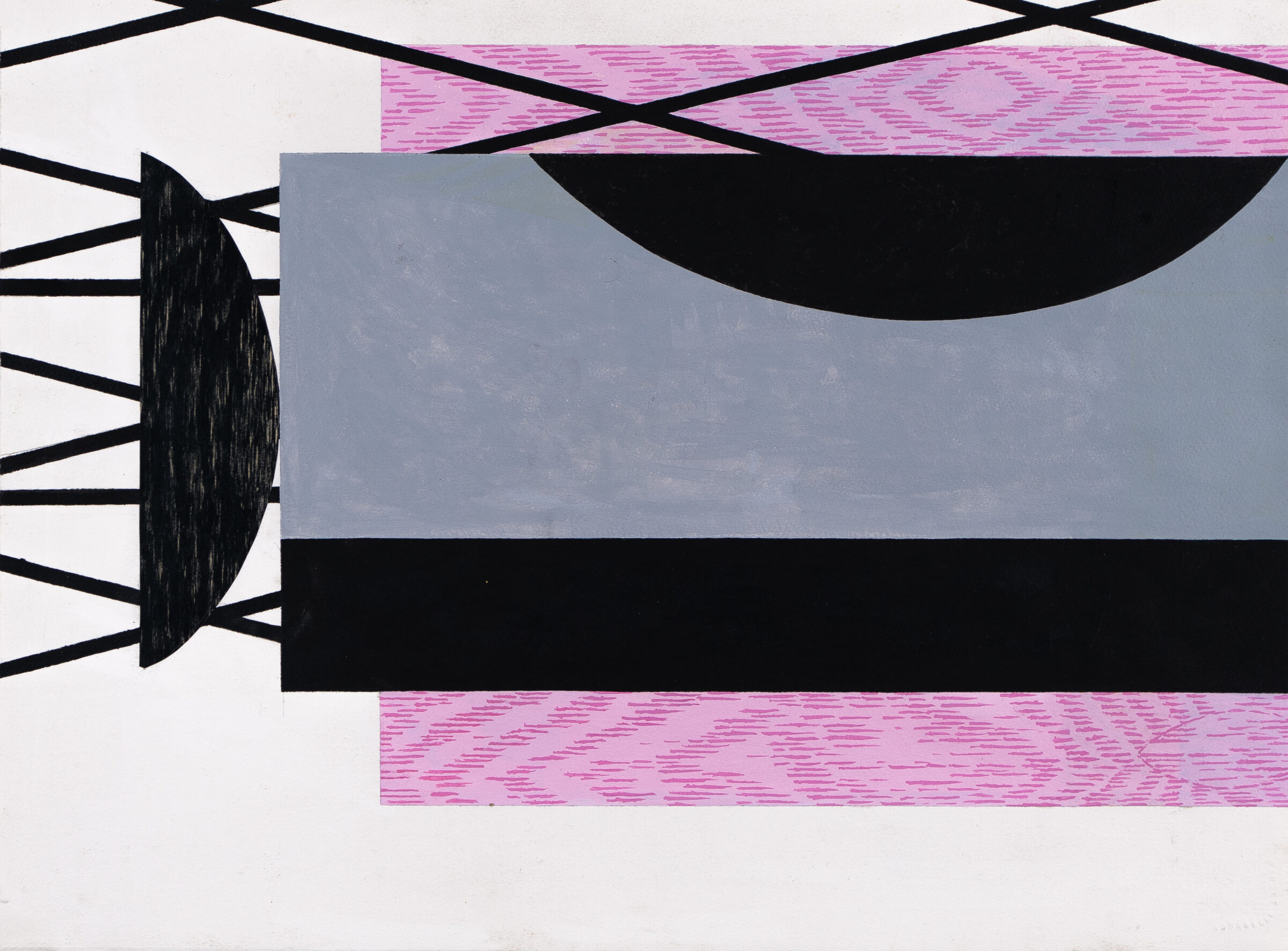 Abstract composition featuring bold geometric shapes in black, gray, and pink. Textured pink horizontal bands frame a central gray rectangle interrupted by a black curved form, while linear black elements and a circular textured shape appear on the left side against a white background.