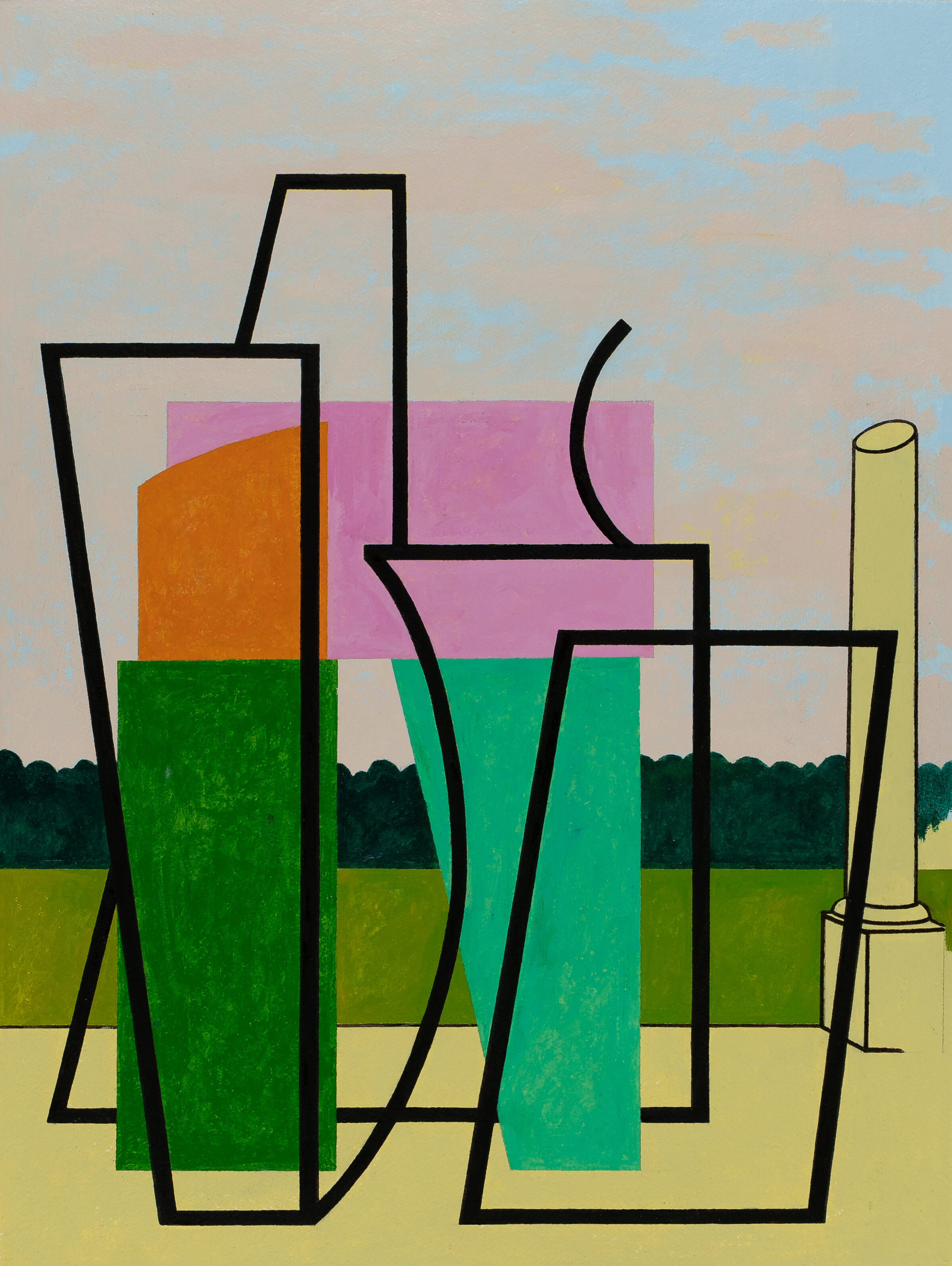 Geometric abstract composition featuring bold black outlines forming overlapping rectangular and cylindrical shapes, with interior fields of vibrant color including orange, pink, turquoise, and green. Layered landscape elements in the background show a pale sky, distant treeline, and grassy ground in yellow-green tones.