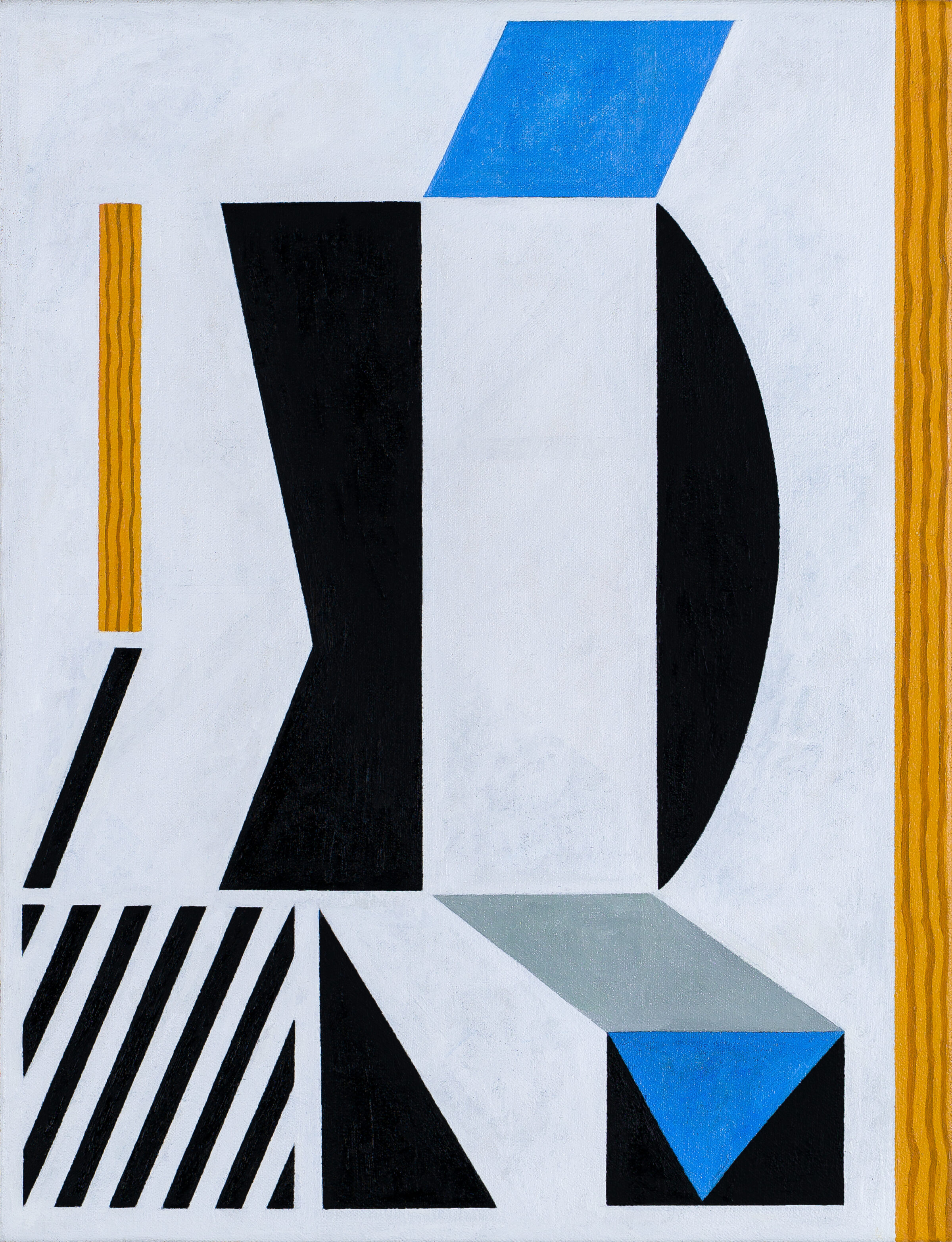 Abstract geometric composition featuring bold black shapes—trapezoids, triangles, and curved forms—against a light background, accented with bright blue parallelograms, yellow-gold vertical stripes, and muted gray tones, creating dynamic spatial illusion through contrasting colors and angular forms.