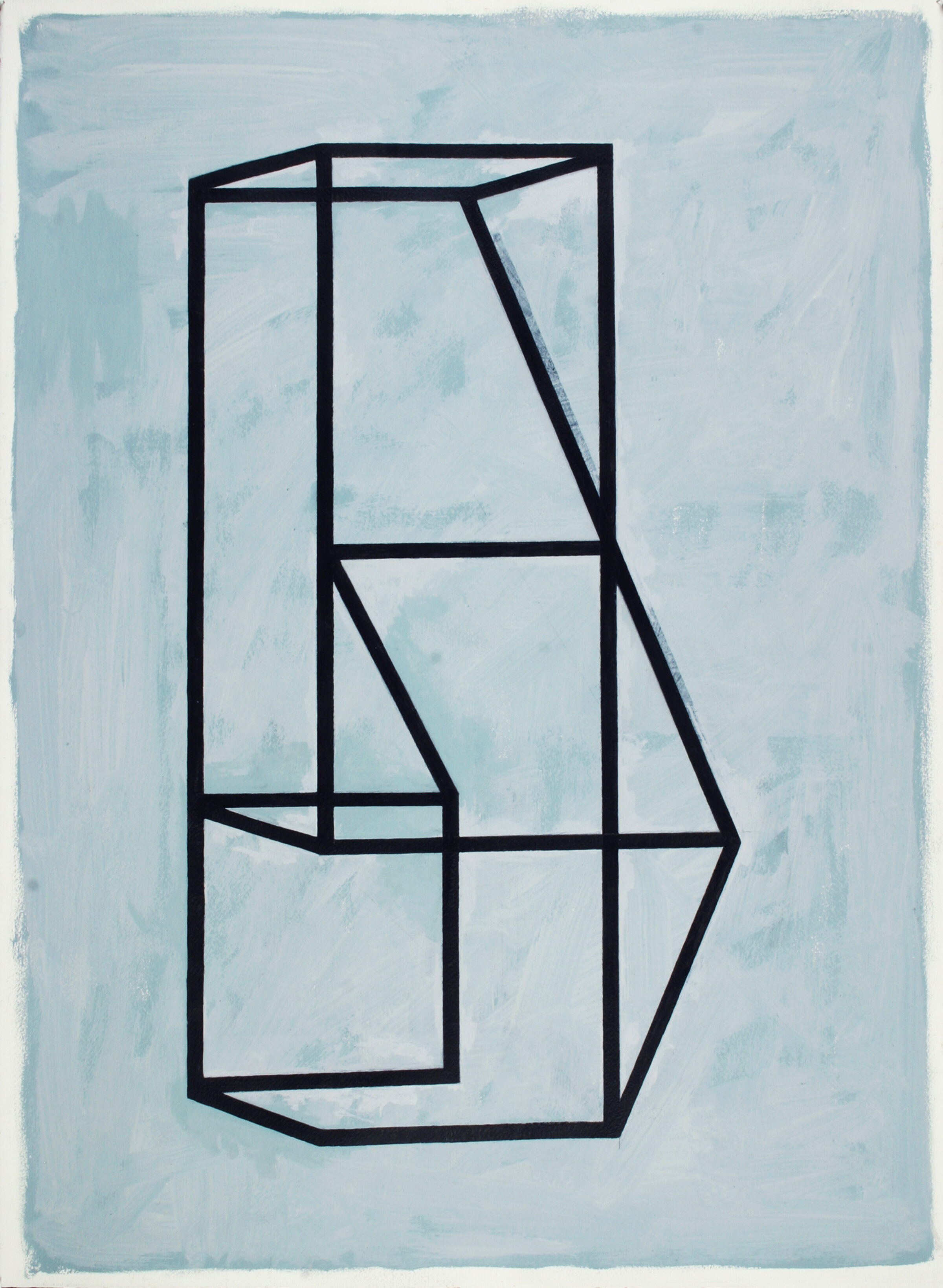 Abstract geometric composition featuring a black linear framework arranged in three-dimensional perspective against a soft blue-grey background. The interconnected lines form rectangular and triangular segments that suggest depth and spatial complexity through overlapping planes and diagonal elements.