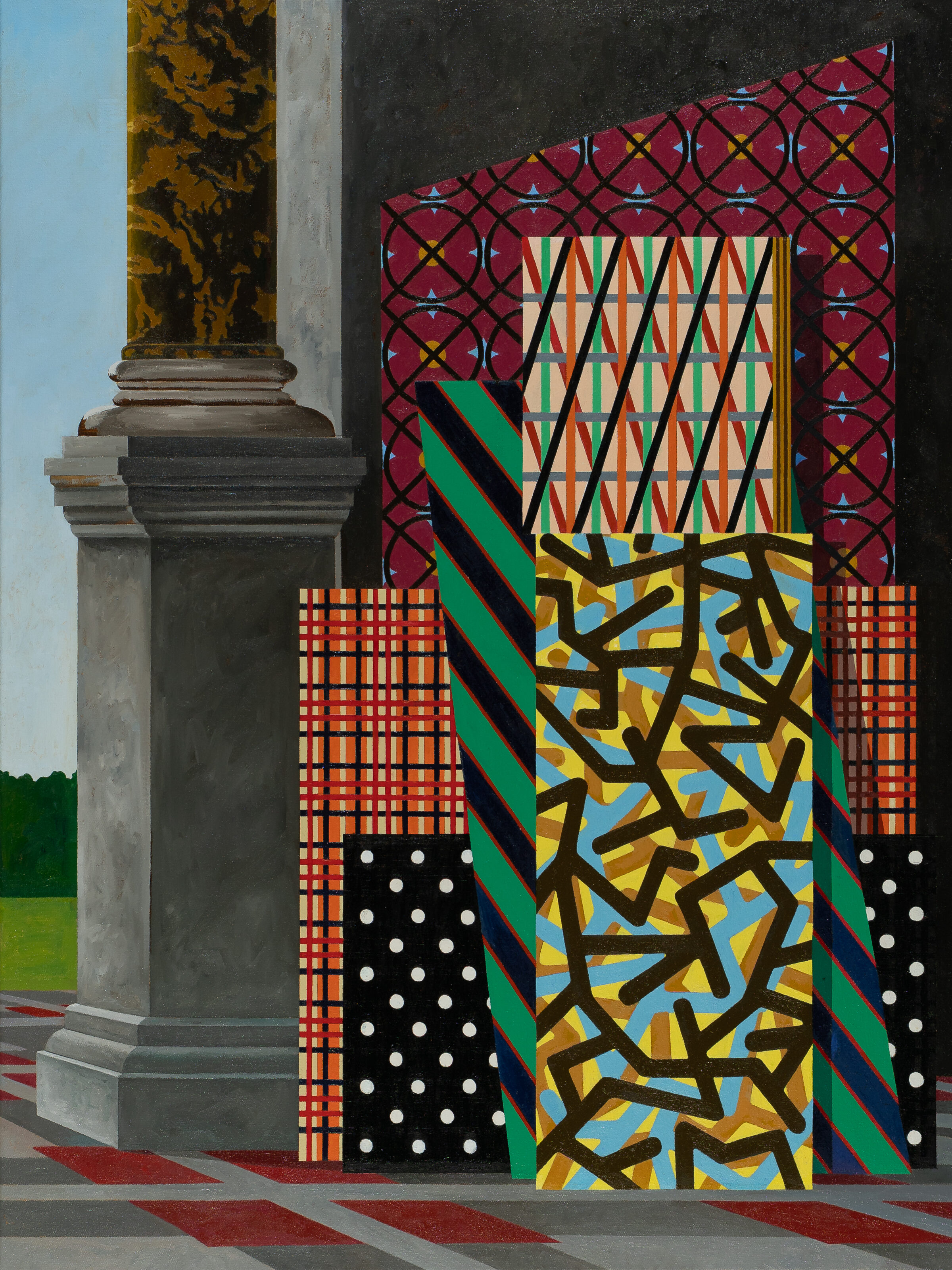 A geometric abstract composition featuring a classical stone column on the left contrasted with a vibrant patterned panel on the right. The panel combines bold decorative patterns in jewel tones—deep red, emerald green, and gold—with angular black lines, checkered sections, and white polka dots, creating a dynamic interplay between ornamental tradition and contemporary abstraction.