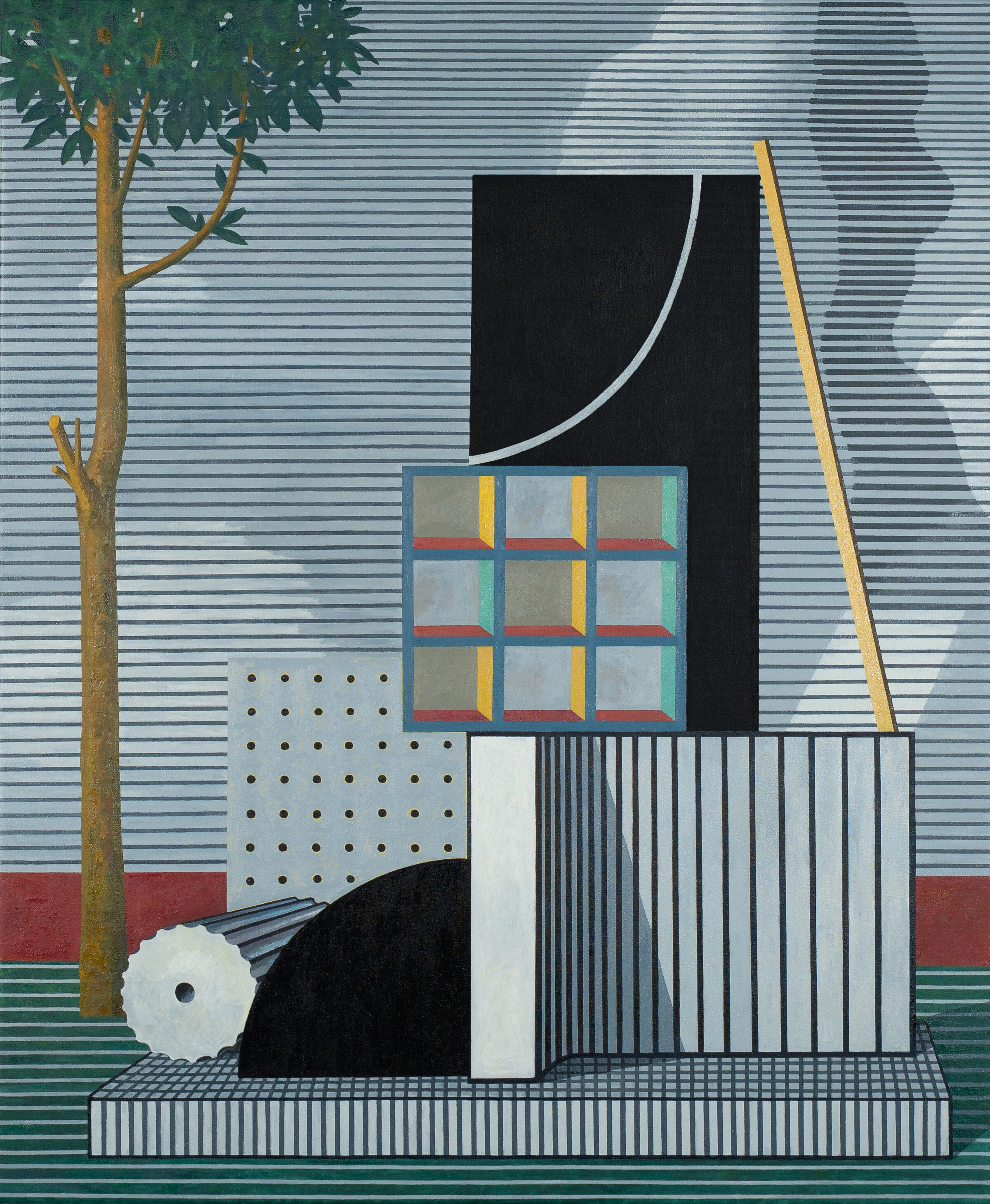 A geometric abstract composition featuring a stylized architectural structure with stacked rectangular forms in white, black, and gray, accented by colorful details including a nine-pane window with yellow and green borders. A pale tree with ochre trunk stands to the left against a background of horizontal striped patterns in blues, grays, and red. A white circular saw blade and curved black form rest at the base, which sits on a checkered platform, creating a layered, modernist collage of intersecting shapes and textures.