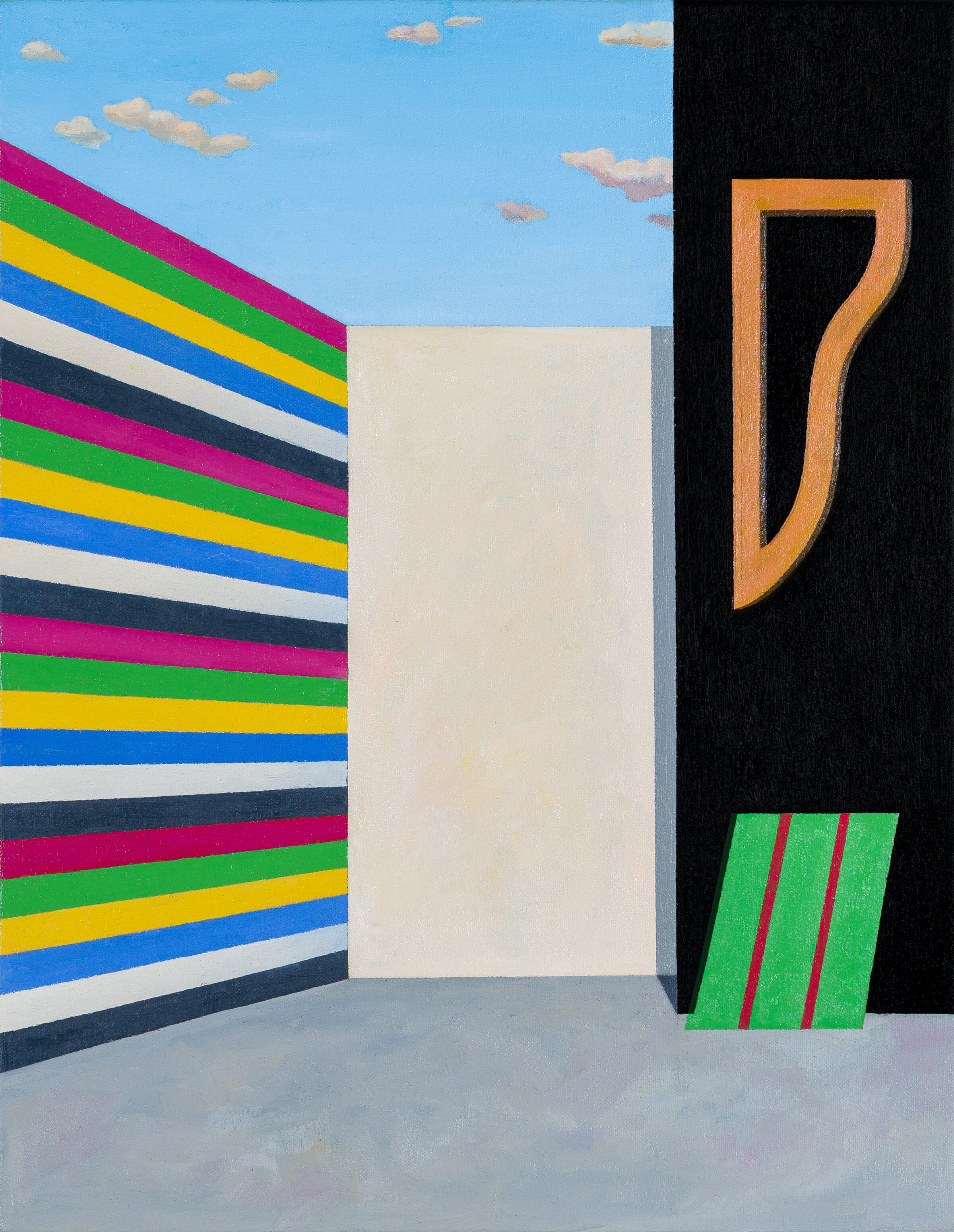 A geometric composition featuring a stark interior space with three distinct sections: a left wall striped with bold horizontal bands in magenta, green, yellow, blue, white, and dark navy; a central beige rectangular panel; and a right wall in black with an orange curved bracket-like form and a green rectangle with magenta lines at its base. The upper portion shows a blue sky with white clouds.
