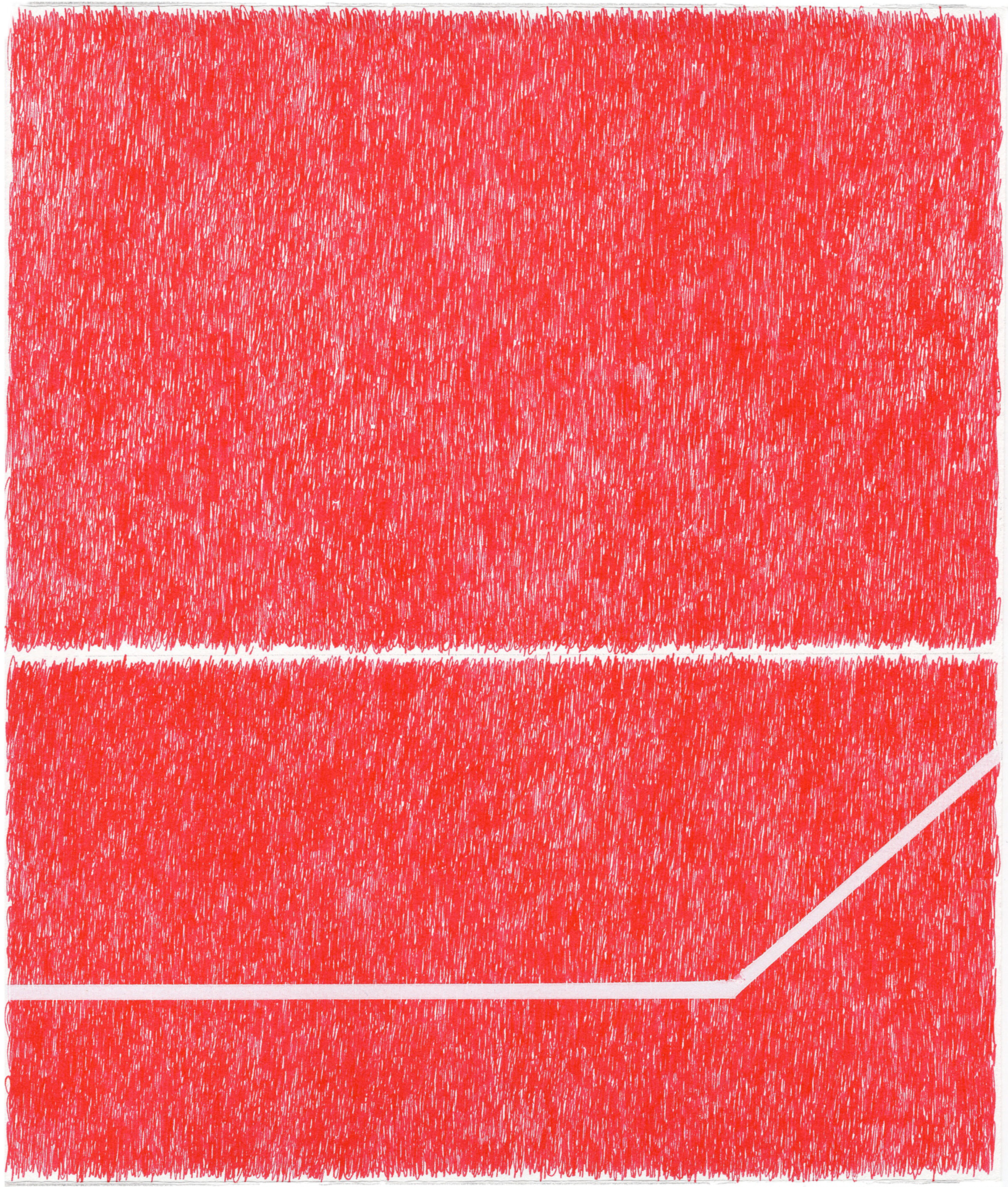 A vibrant red textured composition divided into three horizontal sections by white bands, with dense vertical striations creating a dynamic, energetic surface throughout. A diagonal white line cuts through the lower portion, suggesting movement across the layered fields of color.