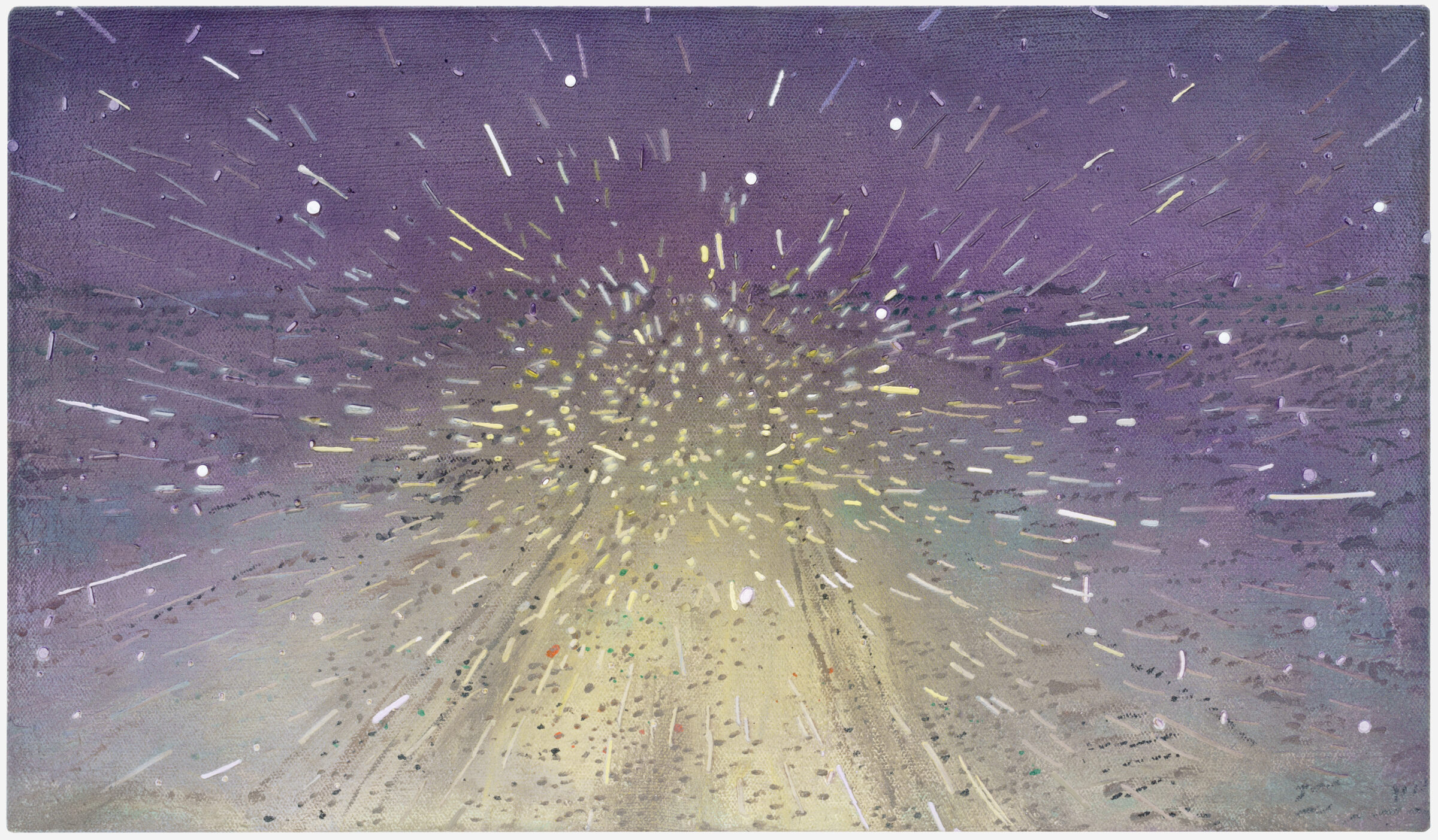 Radiating bursts of yellow-green light emanate from a central point against a deep purple sky, with streaking white and pale lines extending outward across the composition, creating a sense of movement and depth receding into a textured, muted landscape below.