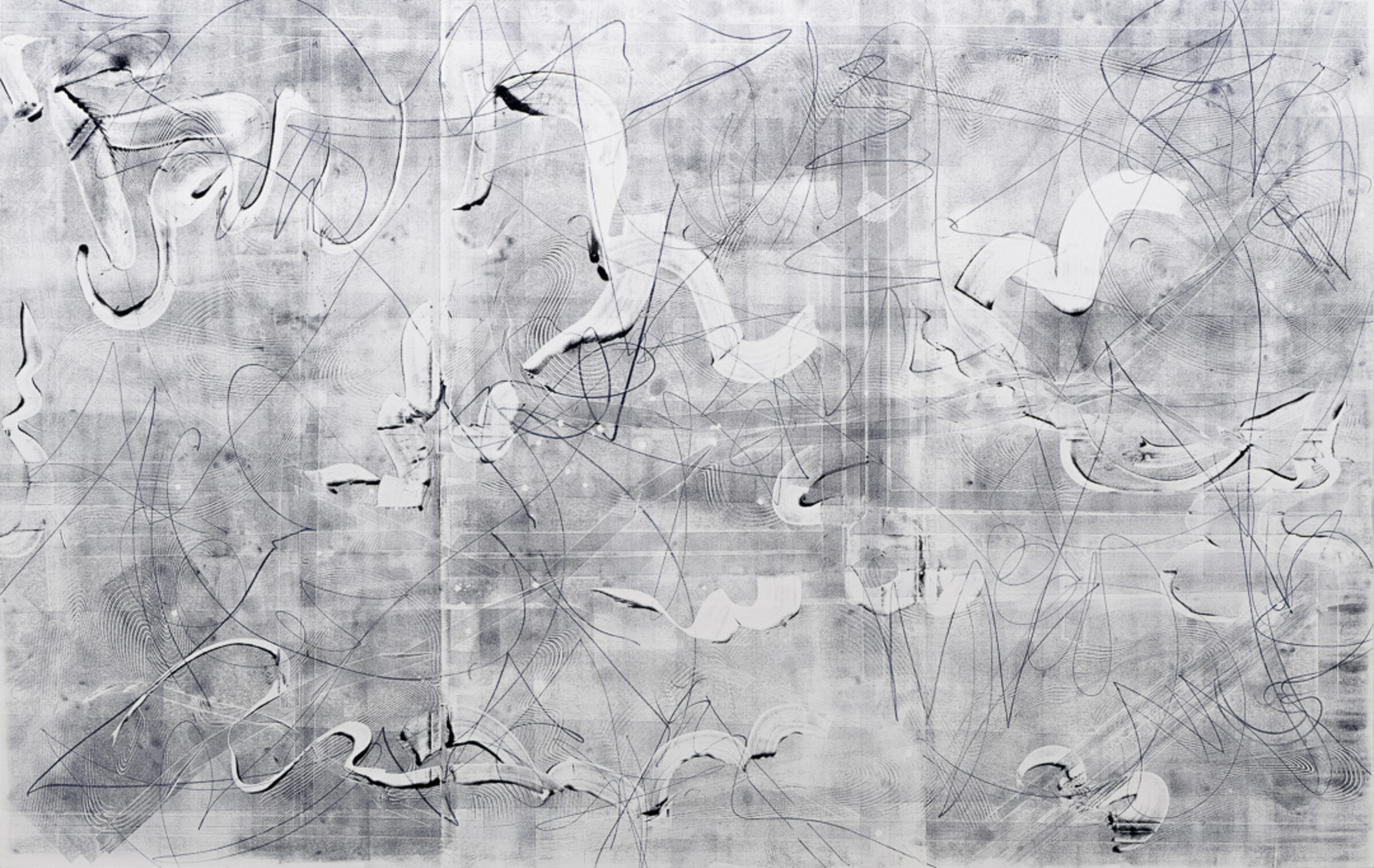 Abstract composition in monochromatic grays and blacks featuring overlapping gestural marks, curved lines, and organic forms layered across a textured surface. Delicate linear elements and semi-transparent shapes create depth against a mottled, weathered ground.