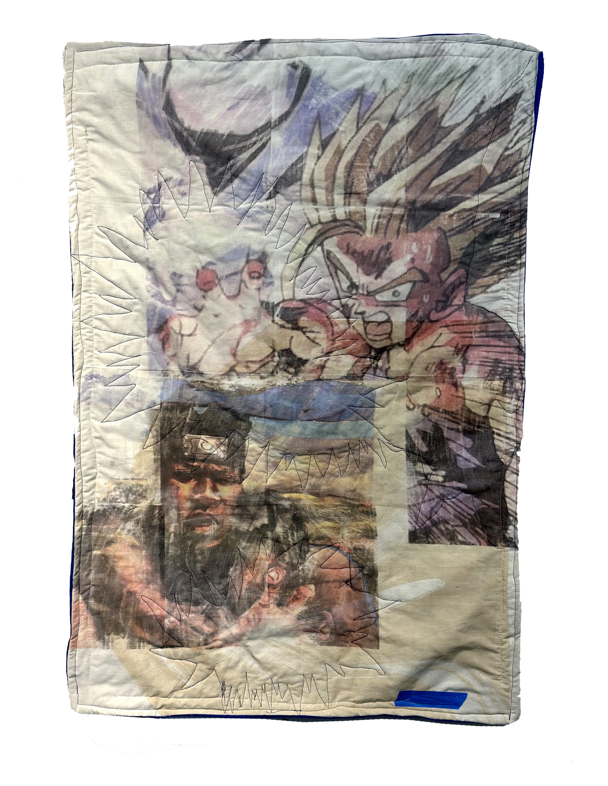 Layered muslin textile featuring printed photographic imagery of faces and figures in muted tones of blue, brown, and cream, overlaid with linear laser engravings and hand-drawn marks creating a complex, collaged composition. Blue tape secures the edges of the fabric, which appears weathered and translucent from the layering process.