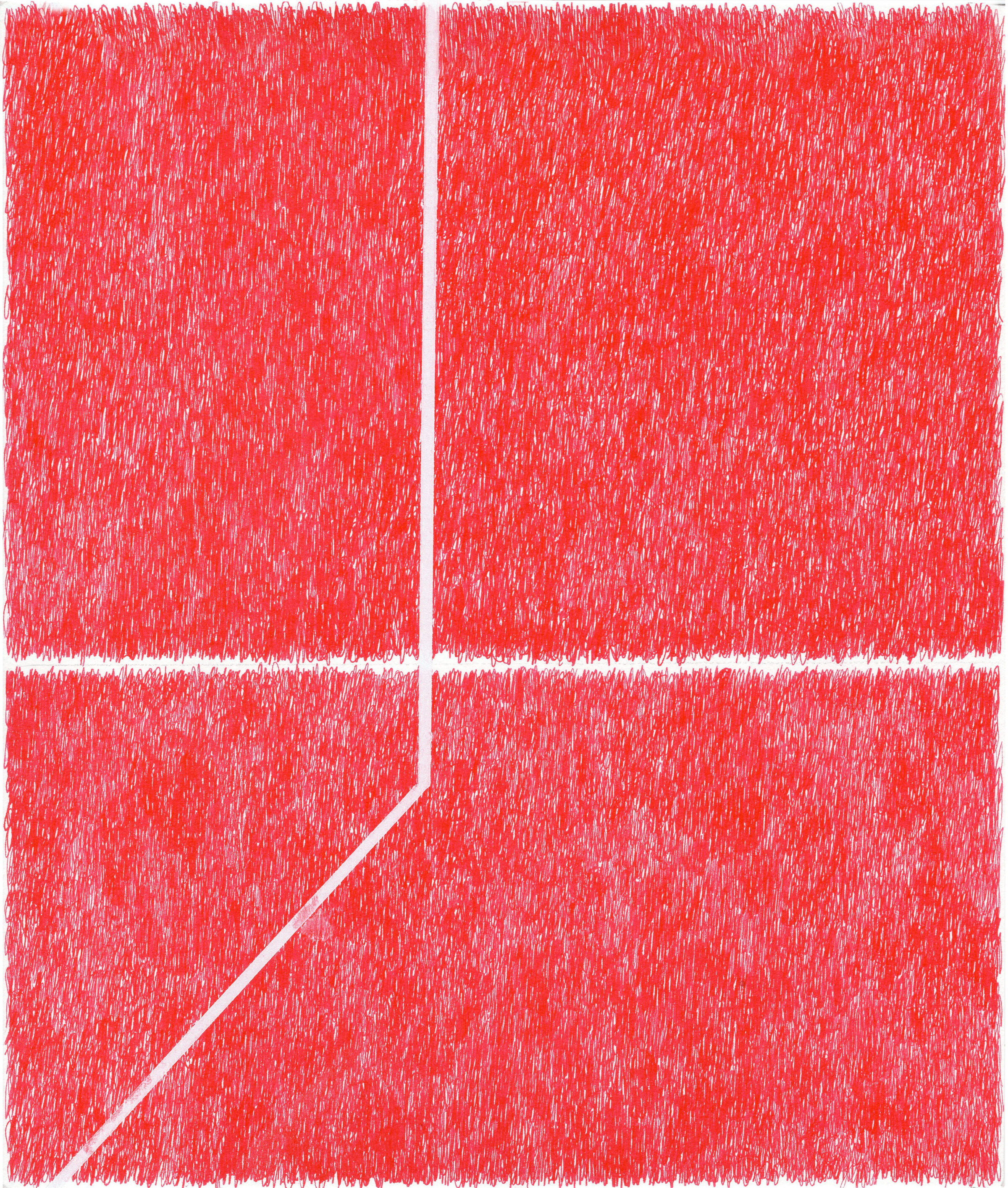 A composition of four rectangular sections divided by white lines, filled with dense red and white gestural marks creating a textured, scratched surface across the entire work.