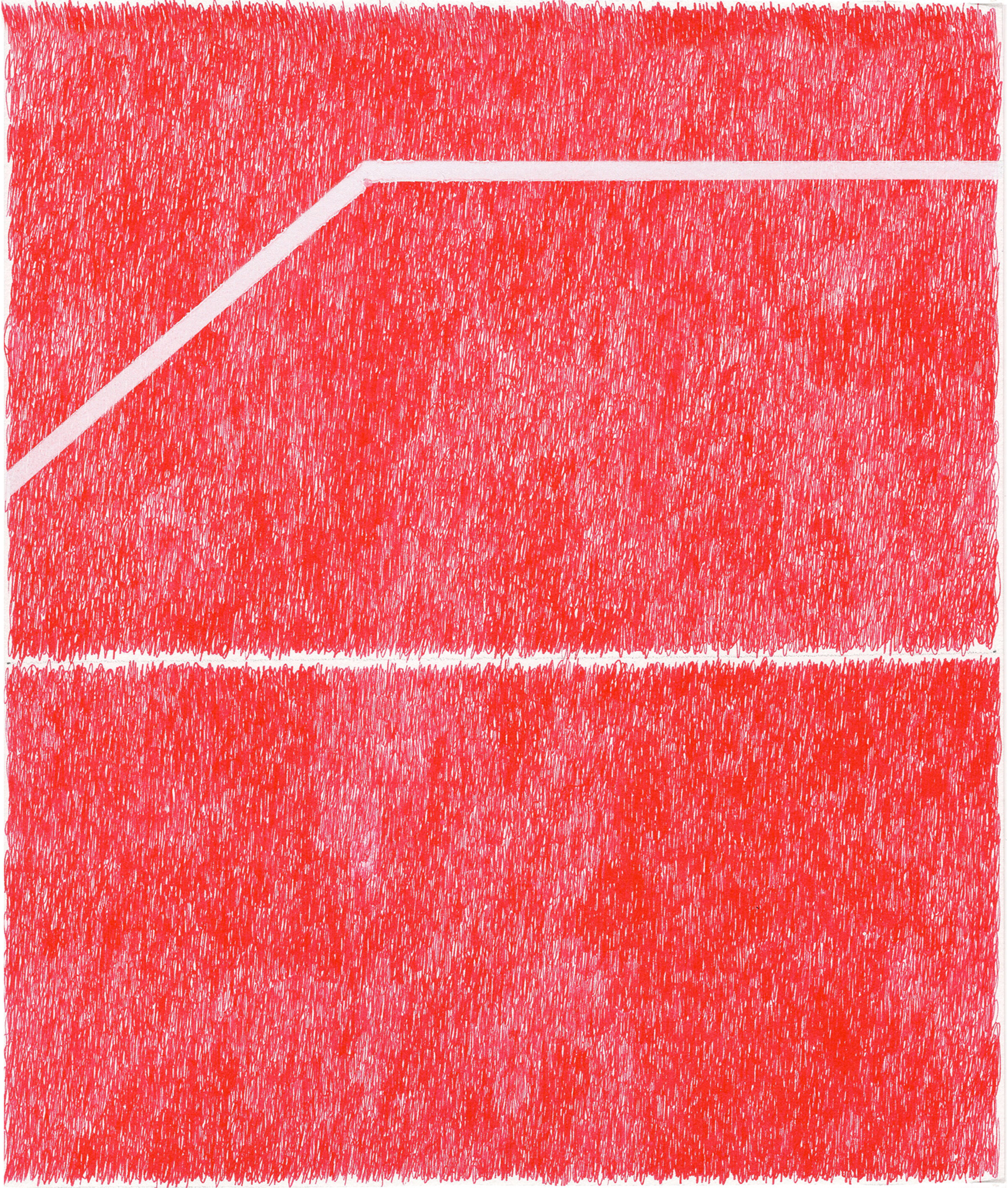 Abstract composition featuring a dense field of red and pink scribbled marks covering the entire surface, interrupted by clean white horizontal and diagonal lines that create geometric divisions across the work.