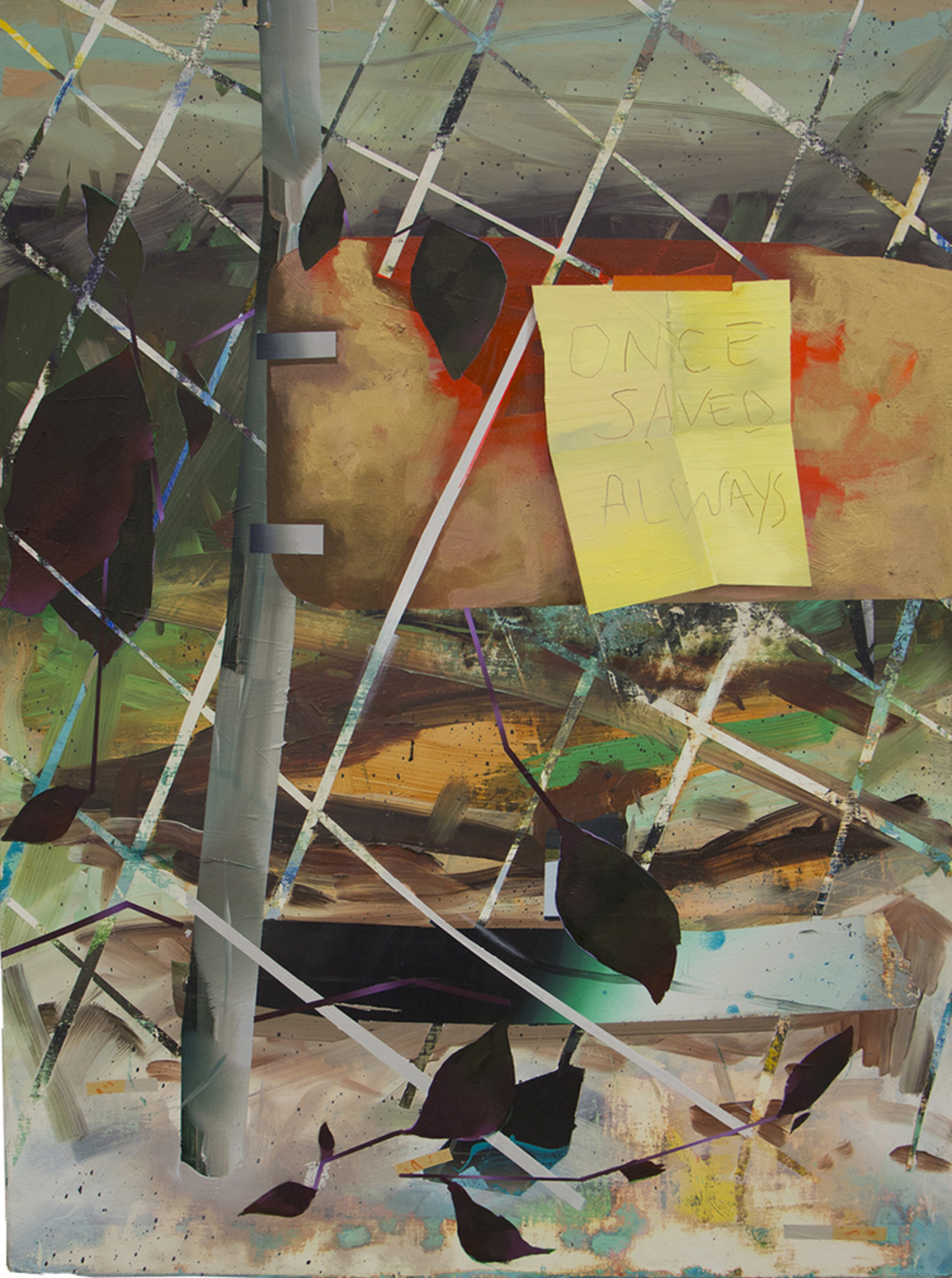 Mixed media artwork featuring a large painted face with black silhouette features against warm earth tones and greens, overlaid with white tape creating a grid pattern and colorful string or yarn. A yellow sticky note reading "ONCE SAVED ALWAYS" is affixed to the center, with scattered black leaf-like paper cutouts and paint splatters across the composition.