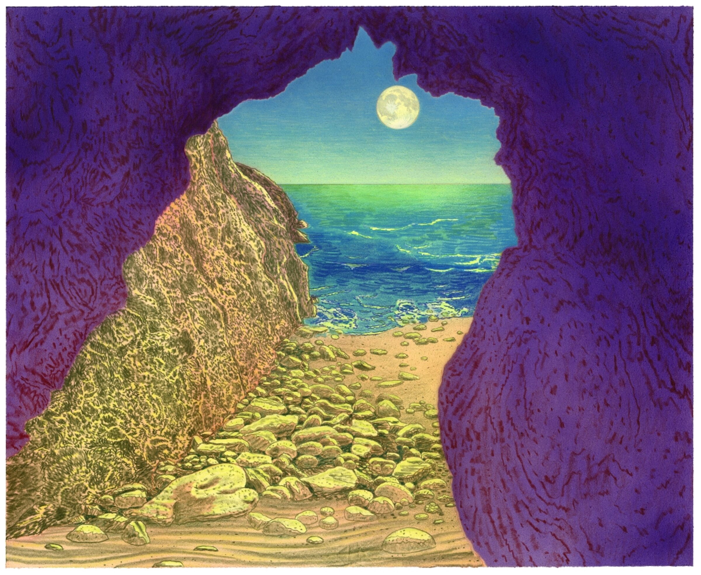 A surreal seascape viewed through a narrow cave opening framed by deep purple textured walls. Golden rocky outcrops and pale boulders line a sandy beach leading to turquoise and blue waters under a full moon in a cyan sky.