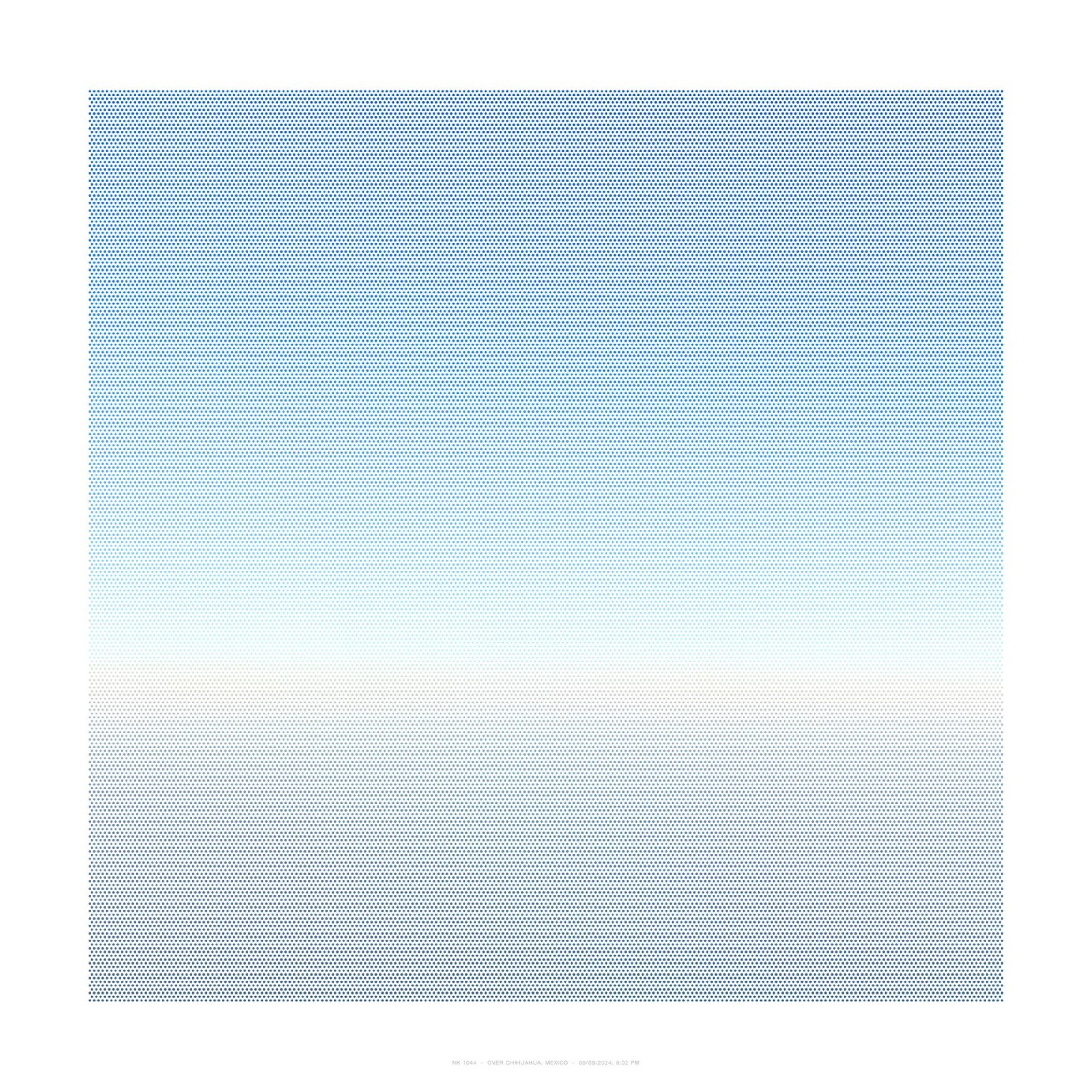 A gradient composition rendered in blue halftone dots, transitioning from deep saturated blue at the top to pale blue-white at the center, then returning to blue tones toward the bottom. The dotted pattern creates a subtle texture across the entire square composition.