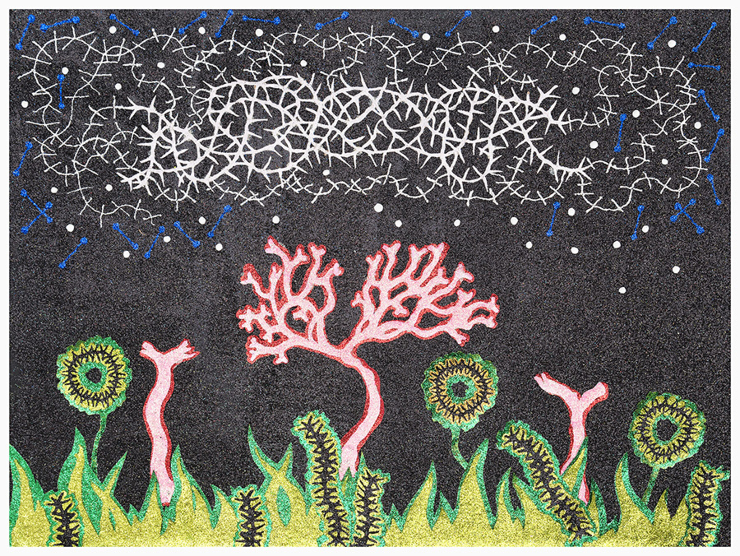 A textured mixed-media artwork featuring a nighttime garden scene with luminous green sunflowers and pink coral-like trees against a dark speckled background. White branching patterns fill the upper portion like neurons or bare trees, while blue and white dots suggest stars, with glitter catching light throughout the composition.