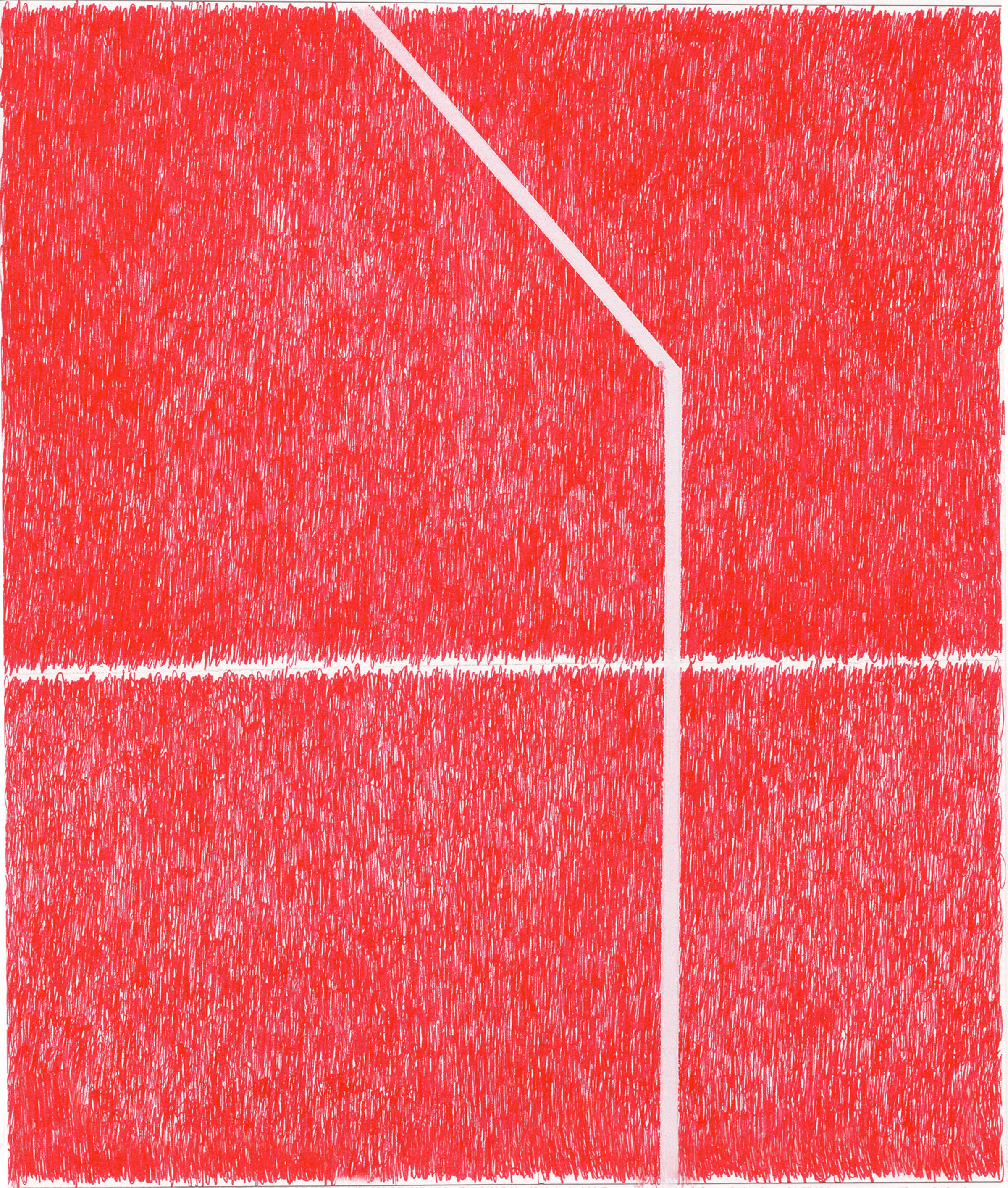 A vibrant red abstract composition divided into four sections by white linear elements. Dense, gestural red marks cover the entire surface, creating a textured, energetic field interrupted by clean white lines that form a geometric division across the canvas.