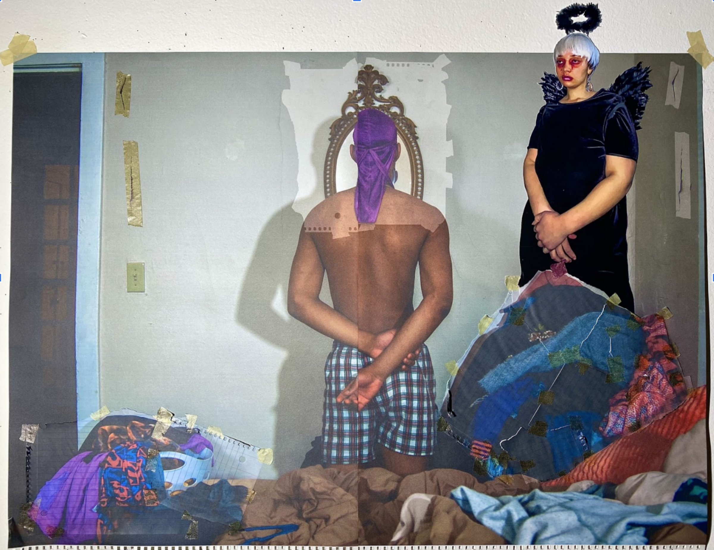 Two figures occupy a bedroom interior taped to white walls: a shirtless figure with a purple-wrapped head seated in an ornate frame, and a figure in black velvet with dark wings and silver hair standing nearby. Scattered clothing and fabrics in jewel tones cover the floor, creating a collaged composition of mixed printed and drawn materials.