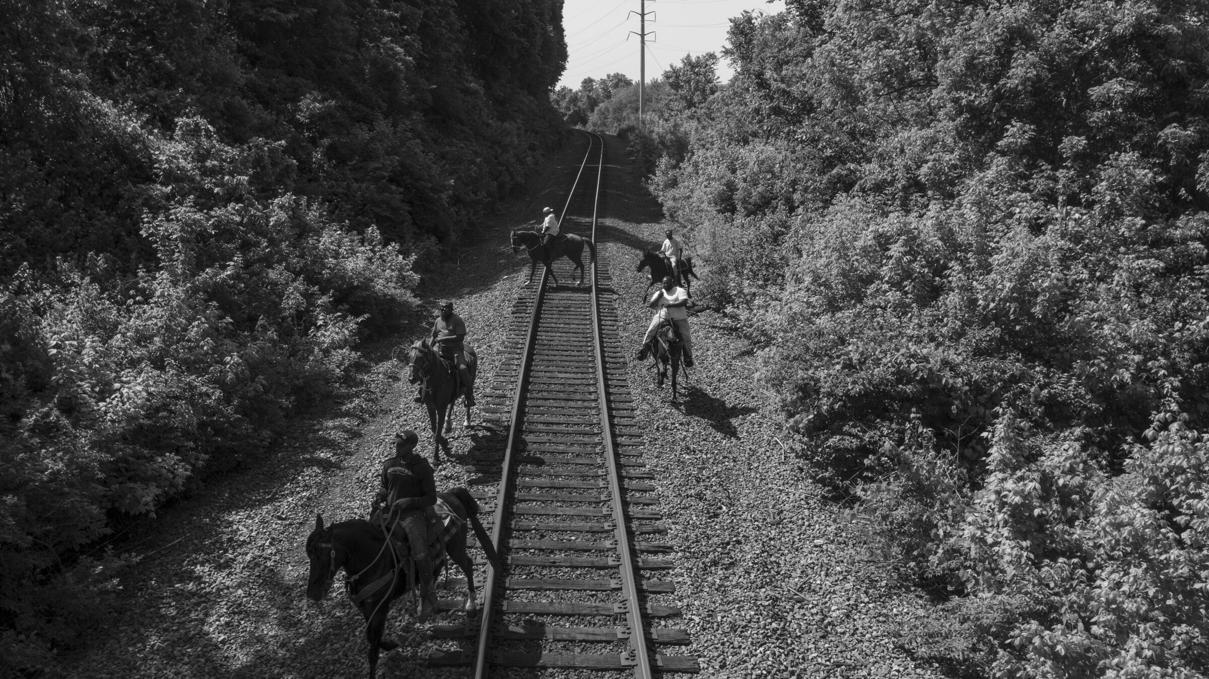 Black and white photograph showing five mounted horsemen positioned on and alongside railroad tracks that converge toward the horizon, flanked by dense vegetation on both sides. The composition uses linear perspective to create depth, with a utility pole visible in the distant sky.