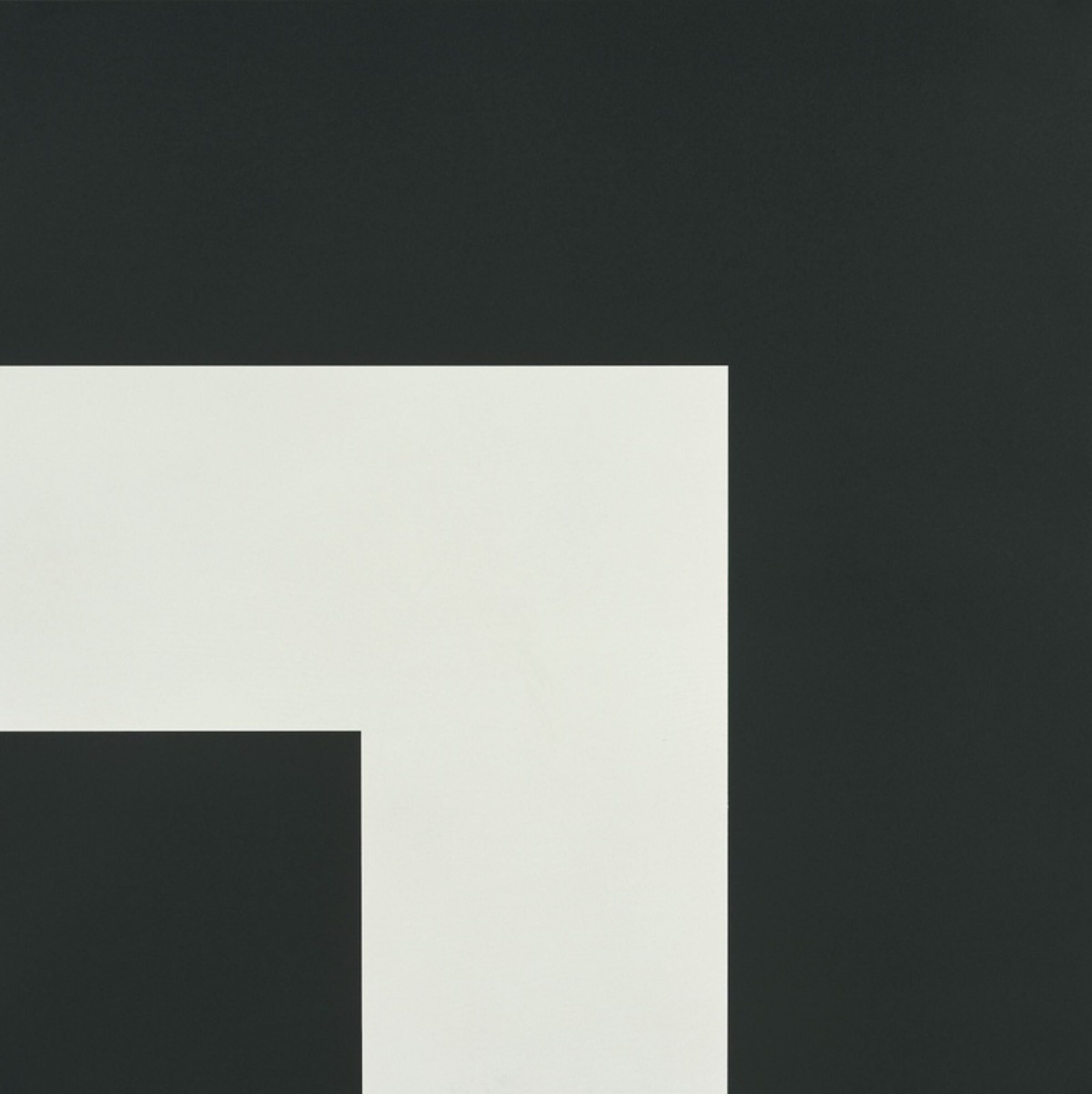 Geometric composition of three rectangular color fields: a light cream-white panel in the center, flanked by dark charcoal gray-black sections on the left and right, with the left portion extending lower than the right, creating an asymmetrical arrangement.