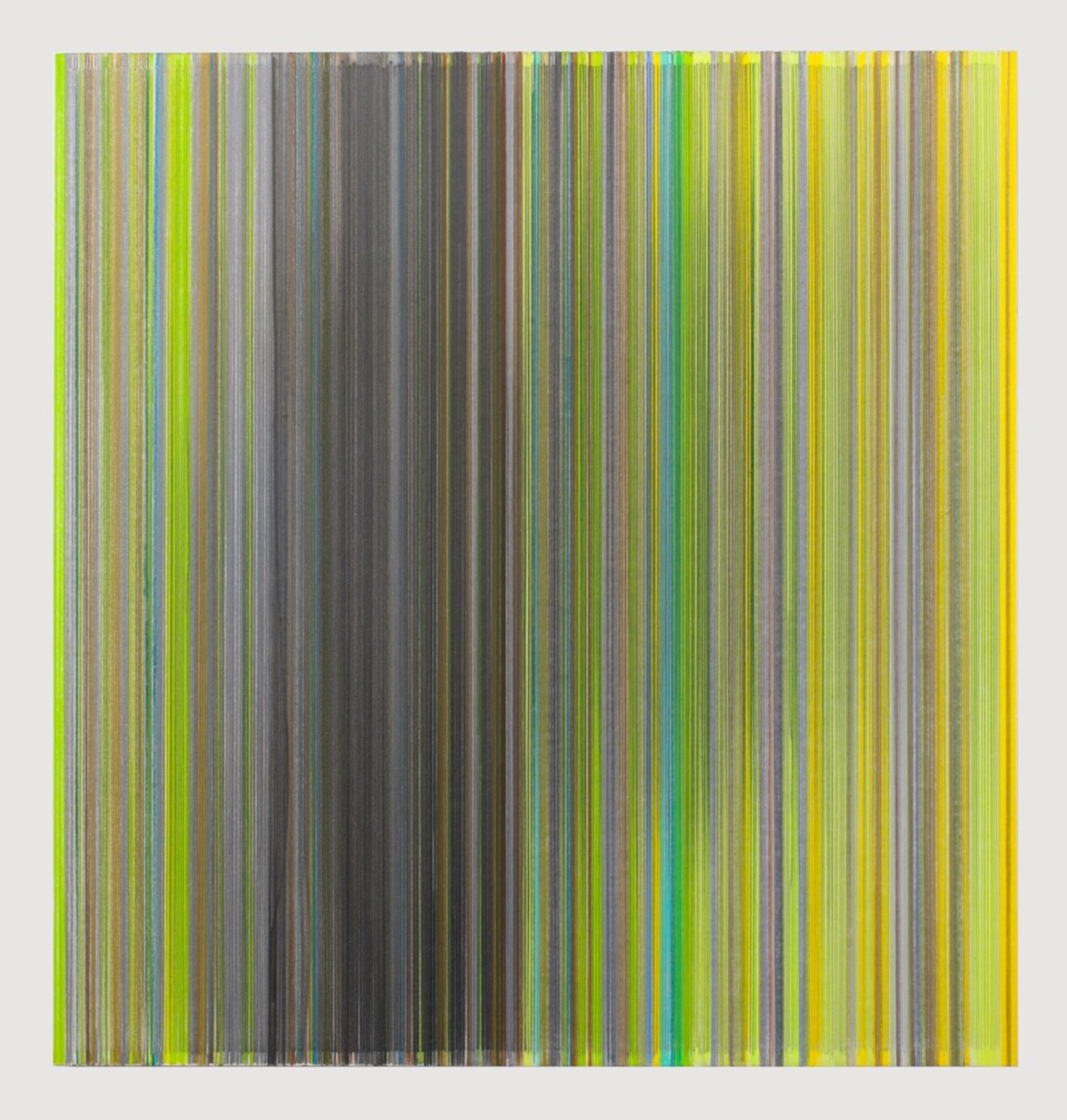 Densely layered vertical lines in shades of lime green, yellow, gray, brown, and teal create an abstract composition with subtle tonal variations that shift across the rectangular field, evoking a sense of movement and atmospheric depth.