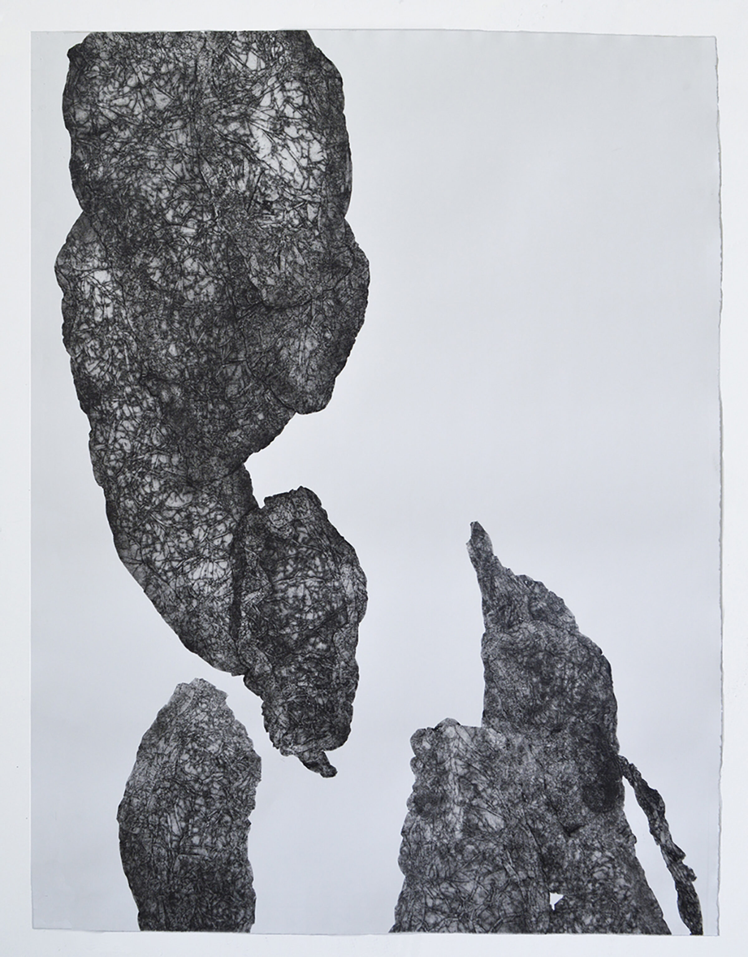 A monoprint featuring three abstracted stone or rock-like forms rendered in dark gray and black against a light background. The forms are densely textured with intricate linear marks and organic patterning, creating a weathered, geological appearance. The composition is vertically oriented with the largest form positioned centrally above, while two smaller forms occupy the lower portion of the frame.