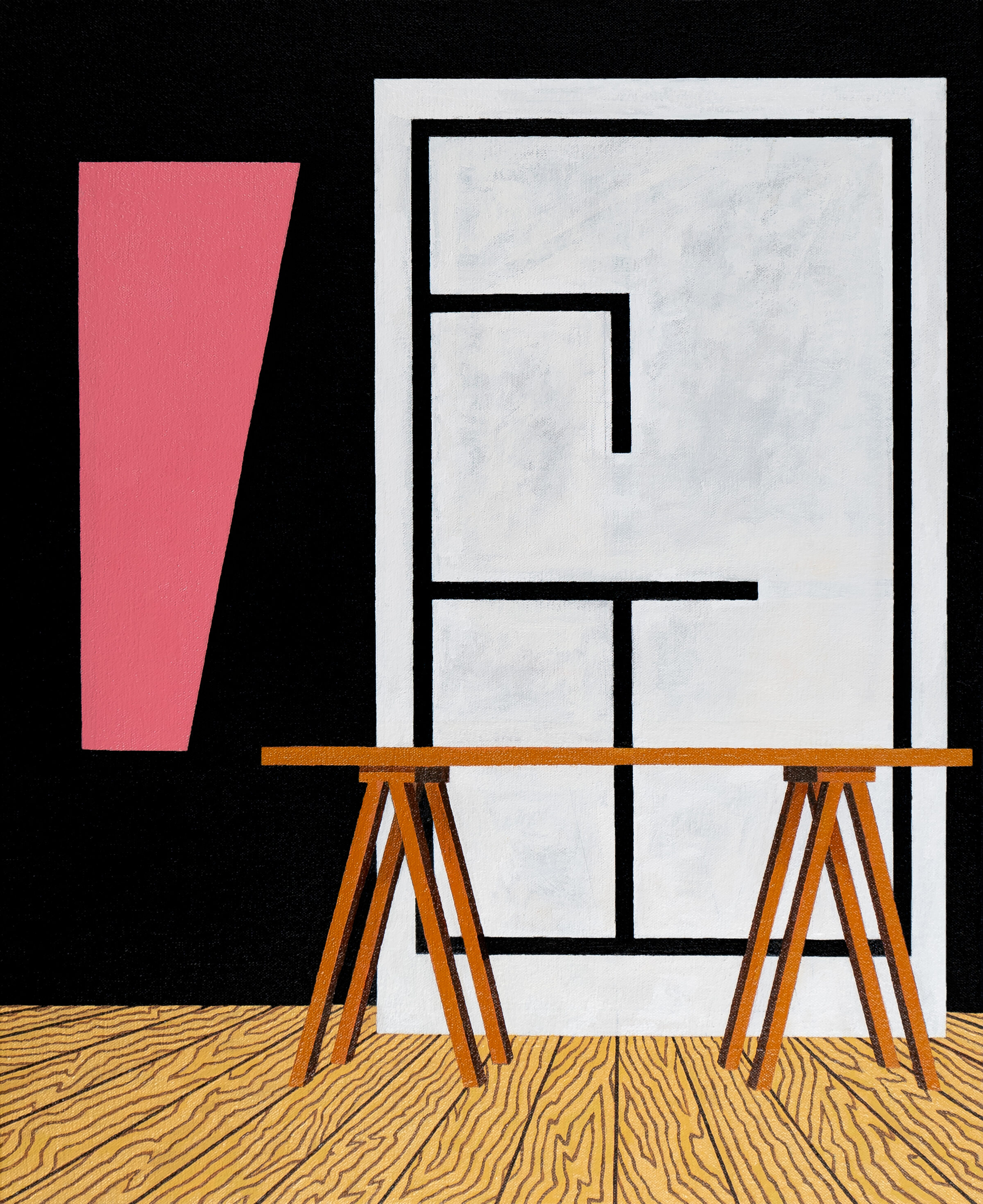 A minimalist composition featuring an architectural floor plan rendered in black lines on a white rectangular panel, supported by two wooden A-frame easels with an orange-brown beam. To the left stands a pink trapezoidal form against a black background, while a wood-grain patterned floor grounds the scene below.