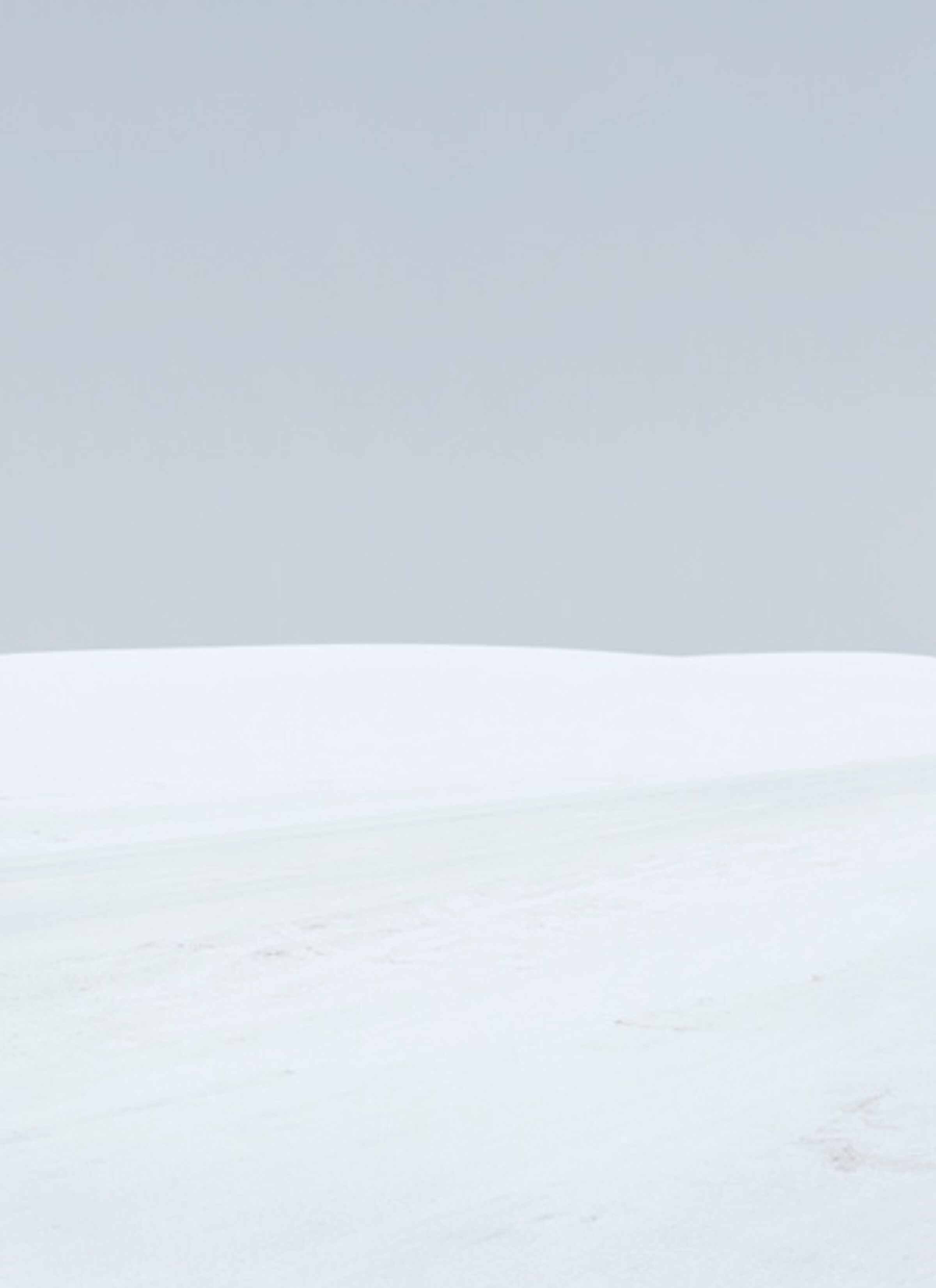 Minimalist landscape divided by a subtle curved horizon line, with a pale blue-grey sky occupying the upper portion and a soft white snow-covered ground below, rendered in muted tones with delicate tonal variations.