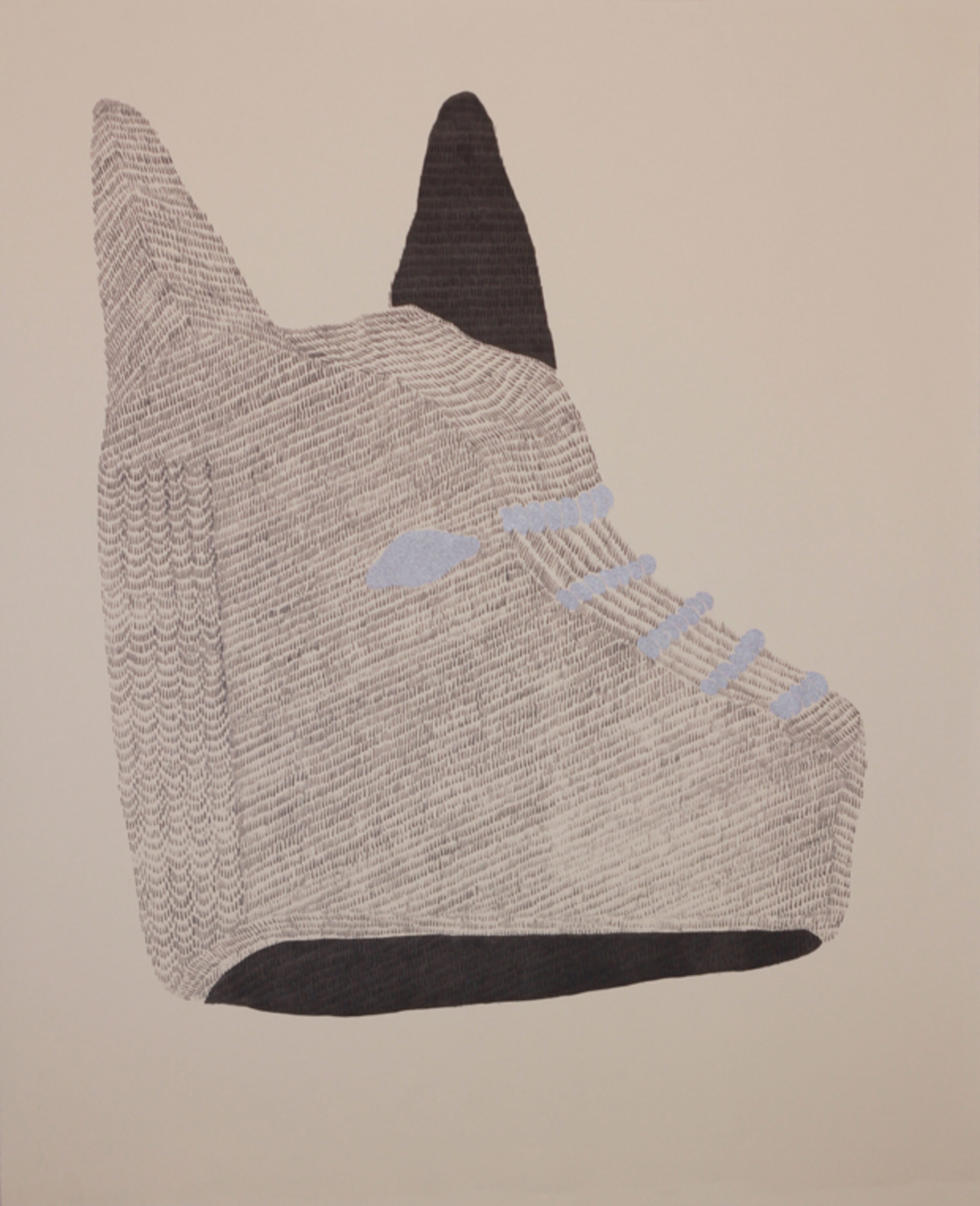 An abstract composition featuring a stylized helmet form rendered in layered graphite and silver ink with linear hatching patterns. Dark charcoal and lighter textured areas create dimensional contrast against a neutral beige background, with blue accents suggesting straps or structural elements.