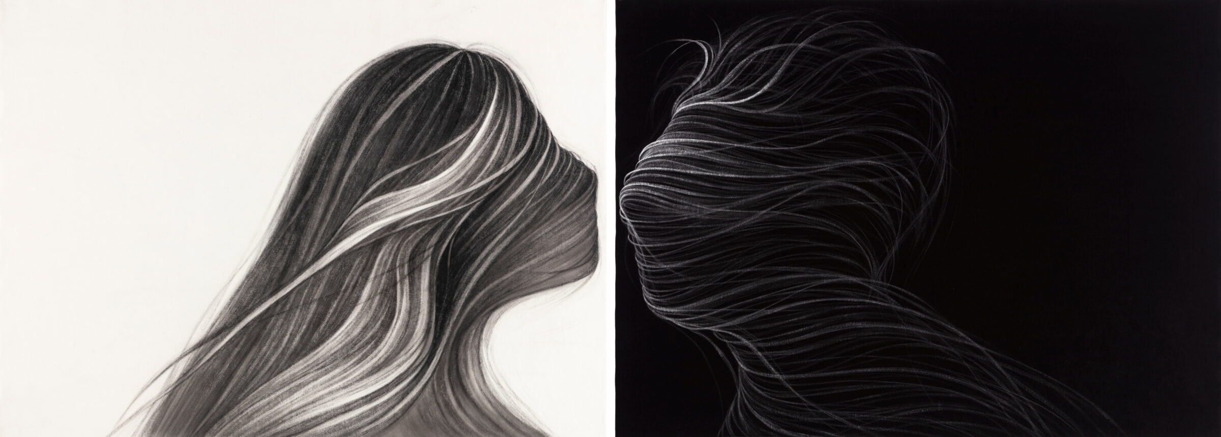 Diptych artwork depicting a figure with long, flowing hair shown in profile against contrasting backgrounds—the left panel rendered in detailed grayscale tones on a light ground, the right panel executed in white linear marks on black. Both compositions emphasize the graceful movement and texture of the hair through parallel, undulating lines.