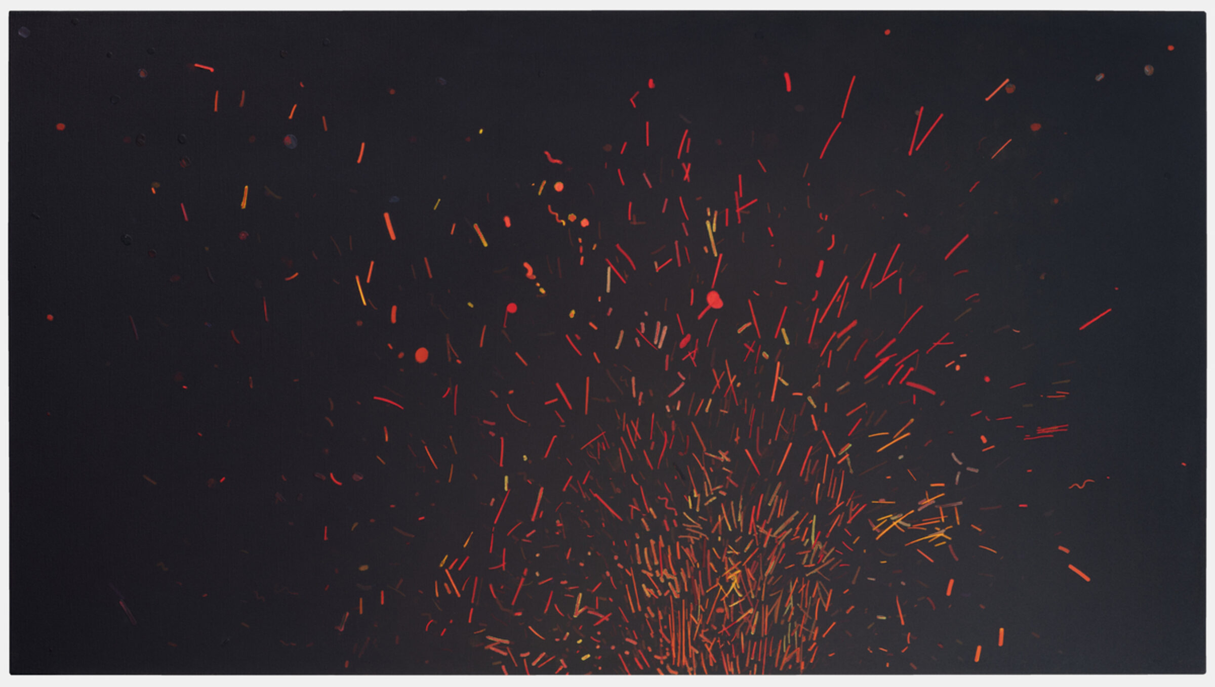 Abstract composition on dark ground featuring dynamic red and orange brushstrokes and marks radiating outward from a dense, energetic center, creating a sense of explosive movement and light against the black background.