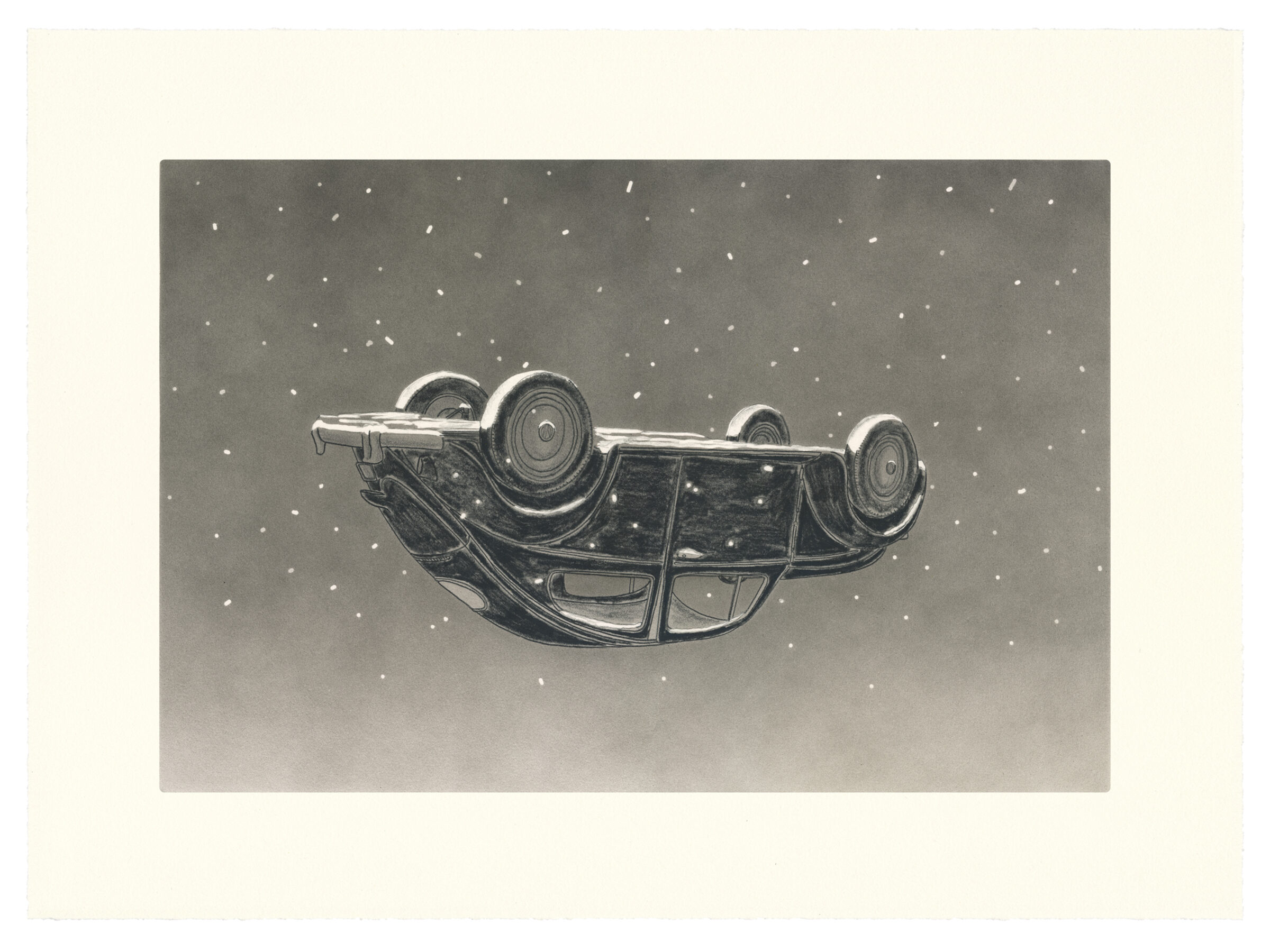 An upside-down vintage automobile rendered in detailed pencil and ink, floating against a starry gray night sky. The car's wheels and undercarriage are prominently displayed, creating a surreal, gravity-defying composition.