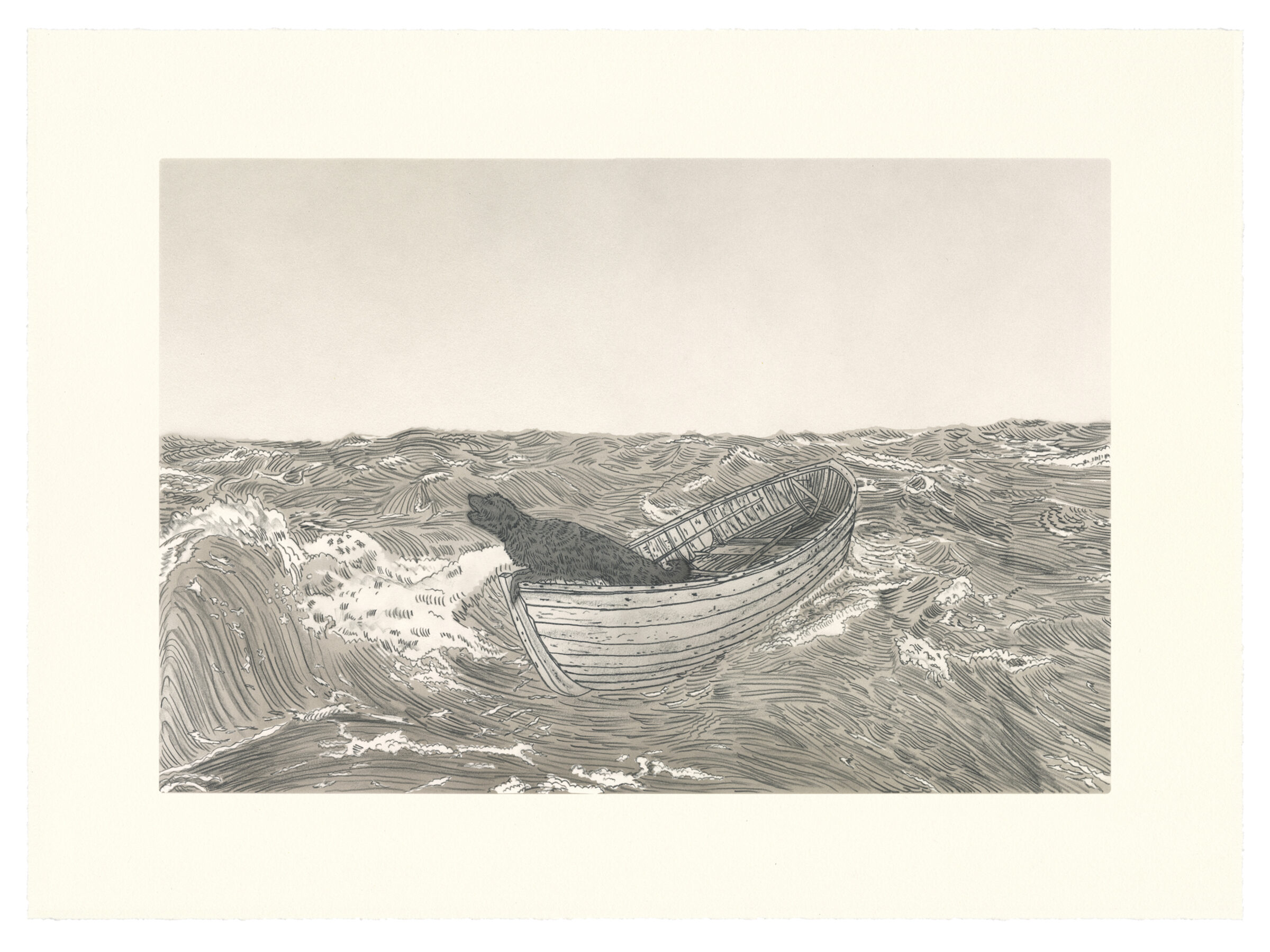A detailed pencil and ink drawing depicting a wooden rowboat tilted in turbulent ocean waves. The composition is divided between a pale sky above and dynamic water below, rendered with intricate linear hatching. The boat's wooden planks and interior structure are clearly visible, while the surrounding seascape is dominated by flowing, wave-like patterns that create movement and depth across the composition.