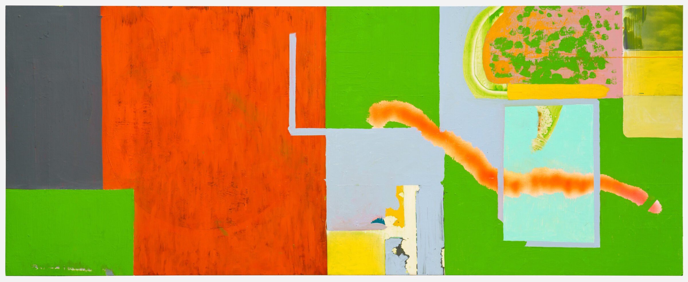 Abstract composition featuring bold geometric shapes in vibrant colors—bright orange, lime green, yellow, and light blue—arranged across a wooden panel. White lines and organic orange brushstrokes create visual breaks and movement through the composition, while weathered surfaces and layered paint suggest depth and materiality.