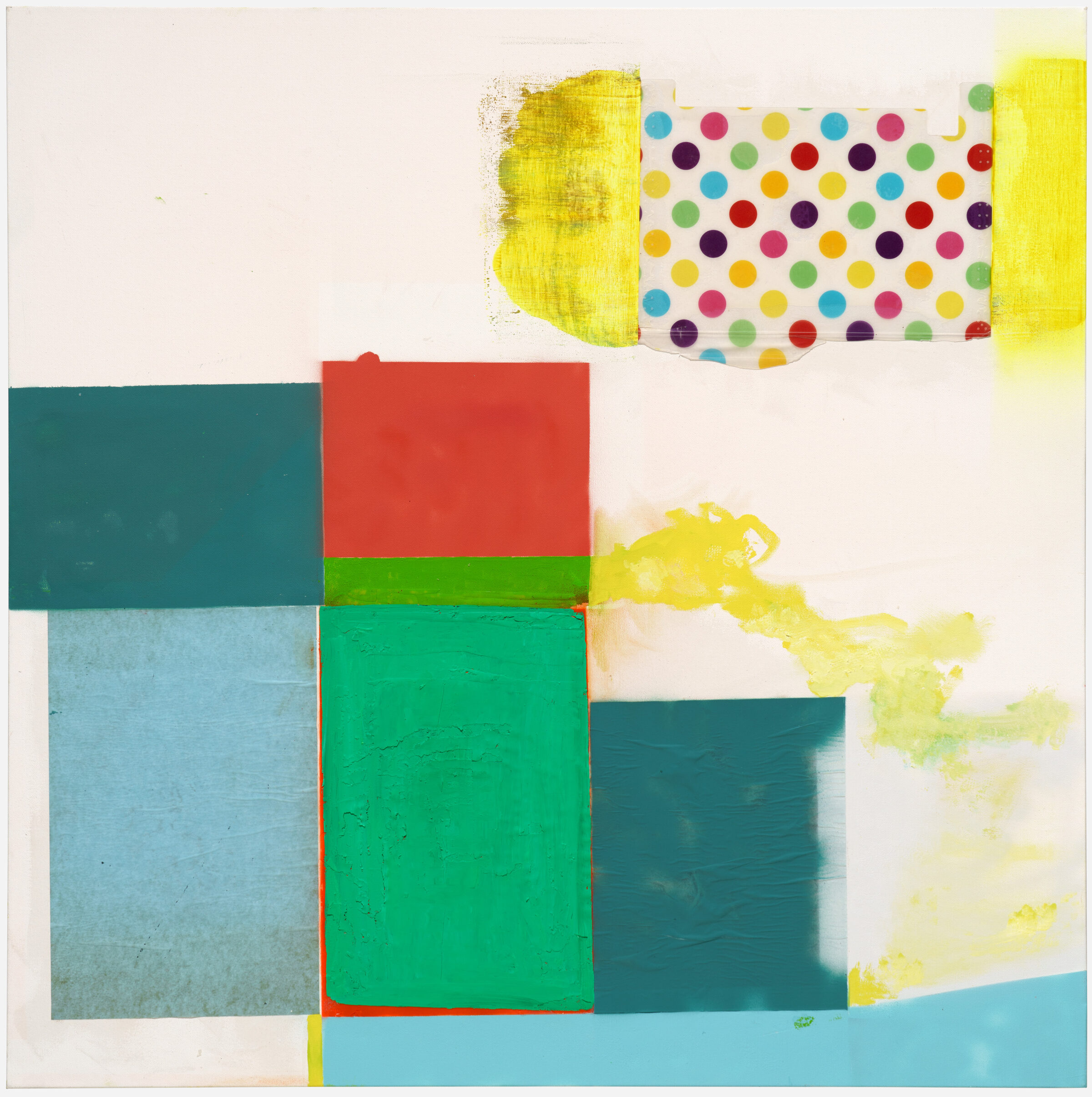 Abstract composition featuring geometric rectangles in teal, red, green, and light blue layered across a cream background, with bright yellow gestural marks and a polka-dotted patterned section in the upper right, combining painterly and collage elements.
