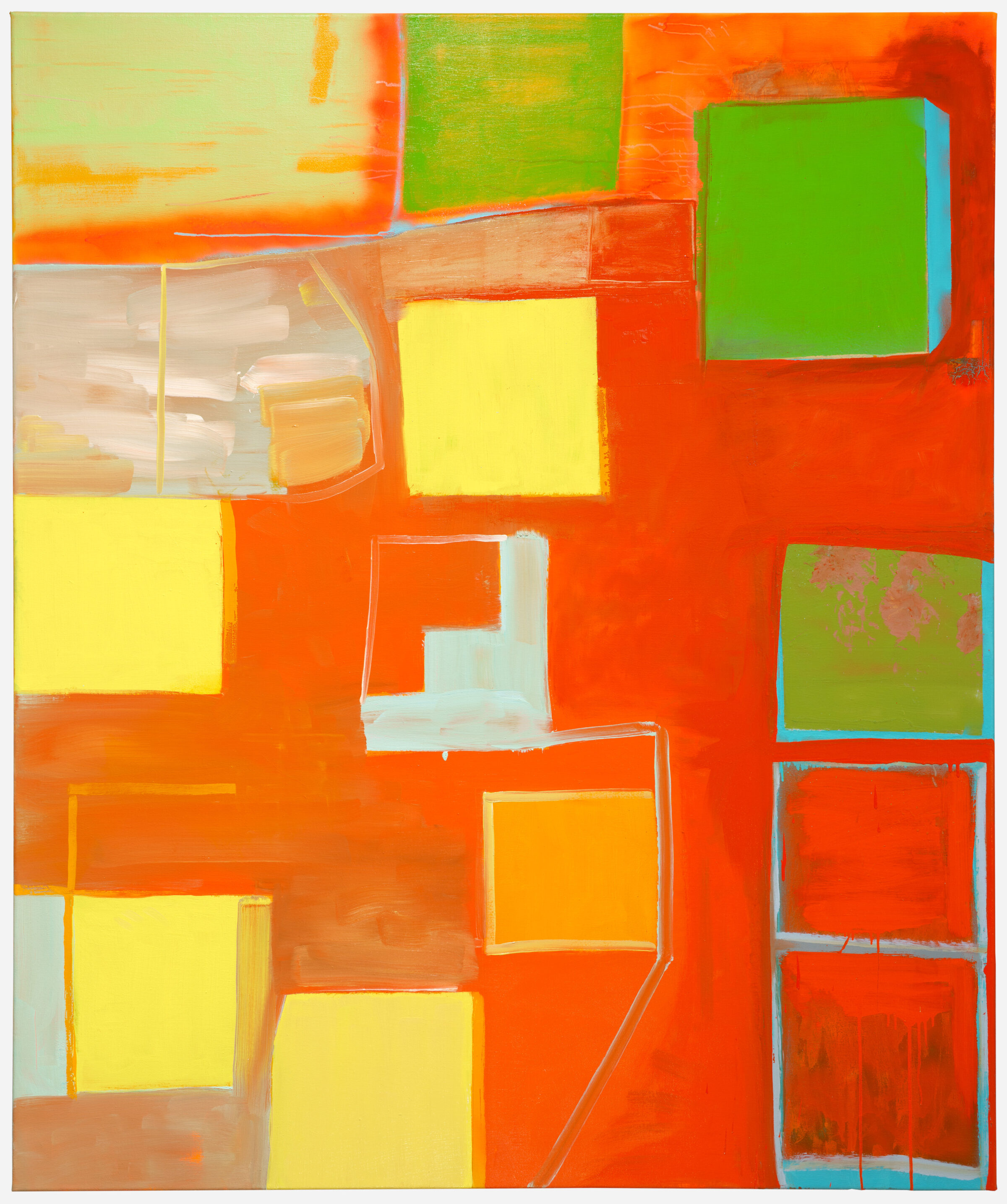 Abstract composition of overlapping rectangular forms in vibrant orange, yellow, and green, with outlined shapes and layered brushstrokes creating depth and movement across the canvas.