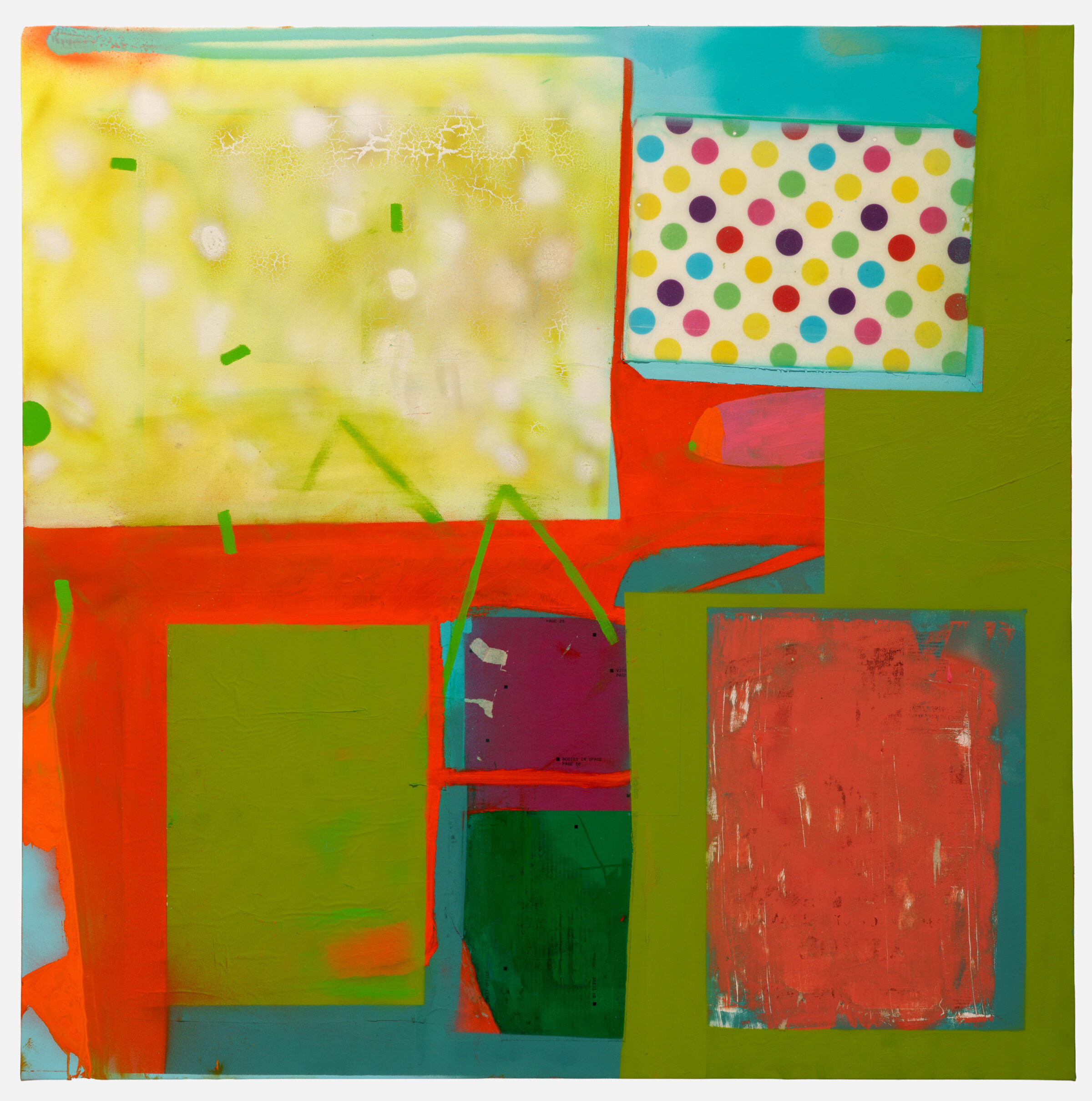 Abstract composition featuring layered rectangles and geometric shapes in vibrant red, yellow, green, and teal against an olive-green background. Mixed media elements include a polka-dotted paper fragment in the upper right and textured painted surfaces with visible brushstrokes and linear marks throughout.