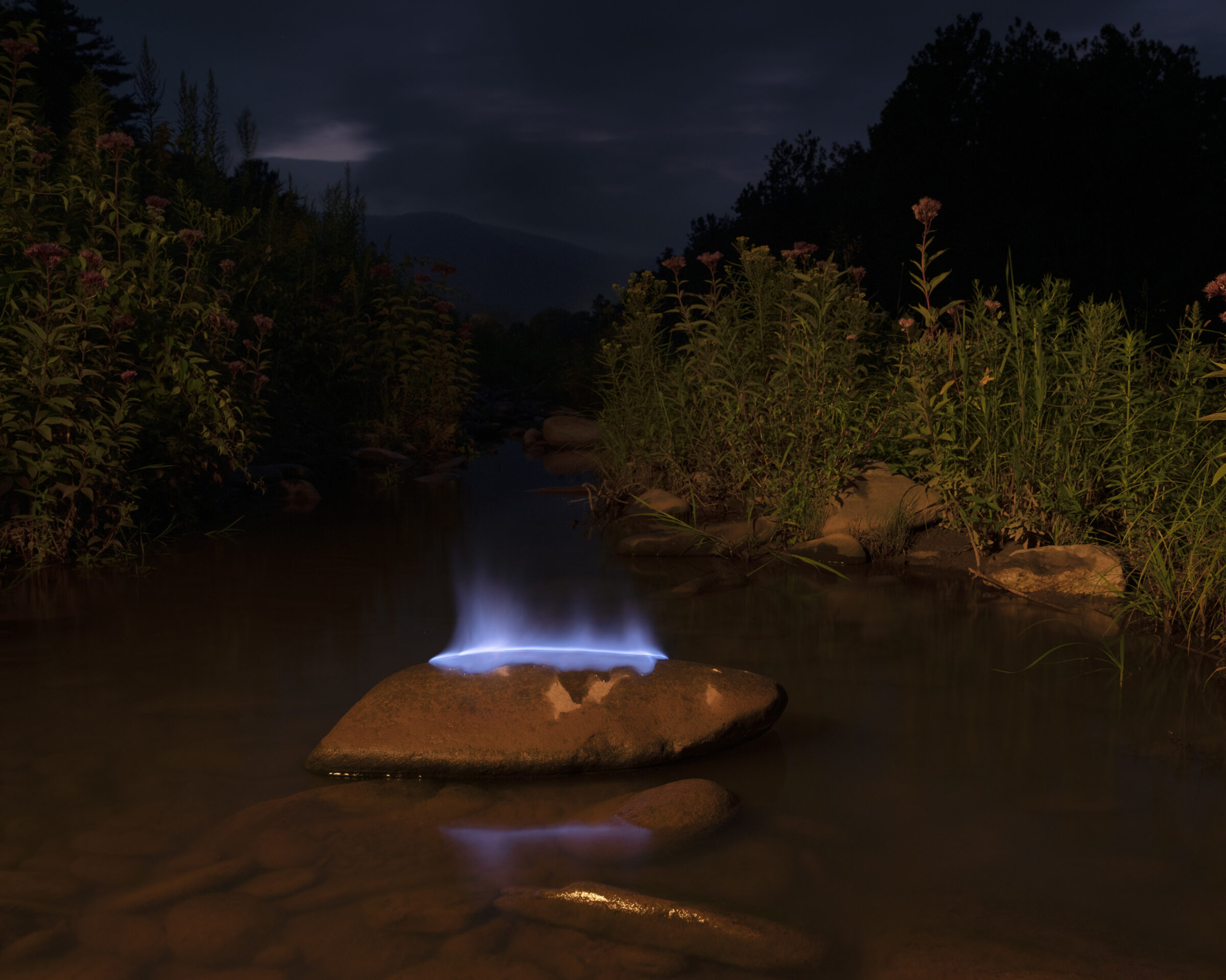 A glowing blue flame erupts from a rocky outcrop in shallow water at dusk, surrounded by tall grasses and trees. The ethereal light reflects on the water's surface in a serene natural landscape rendered in cool and warm tones.