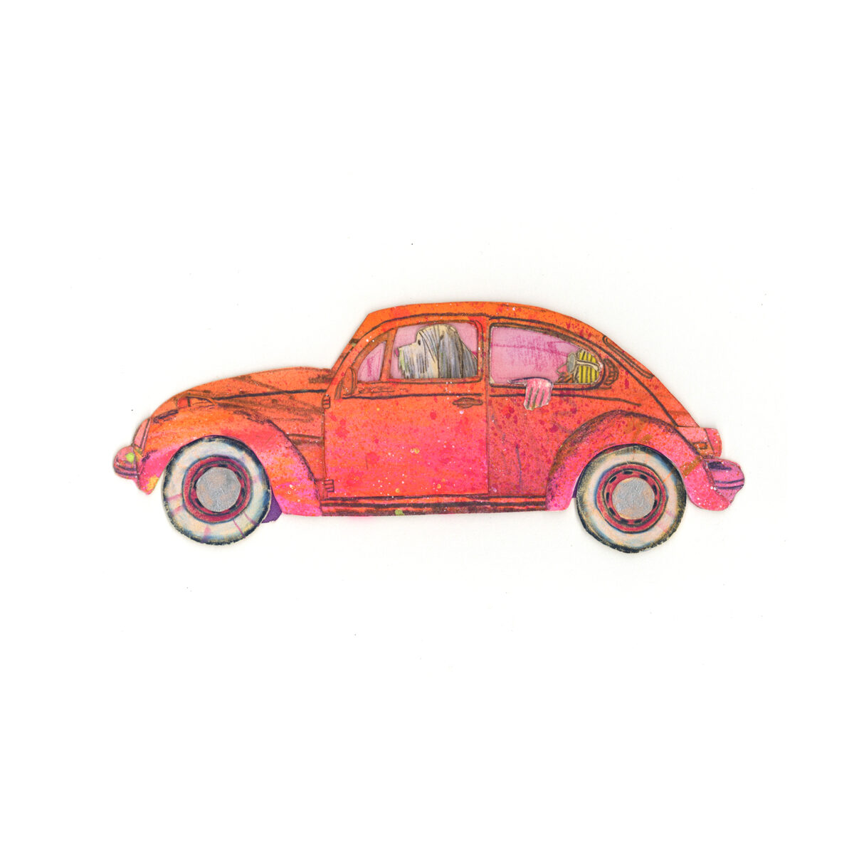 A vibrant red and orange Volkswagen Beetle rendered in colored pencil and watercolor, shown in profile against a white background. The vintage car features detailed windows with a figure visible inside, realistic tire treads, and a textured surface suggesting mixed media collage techniques.