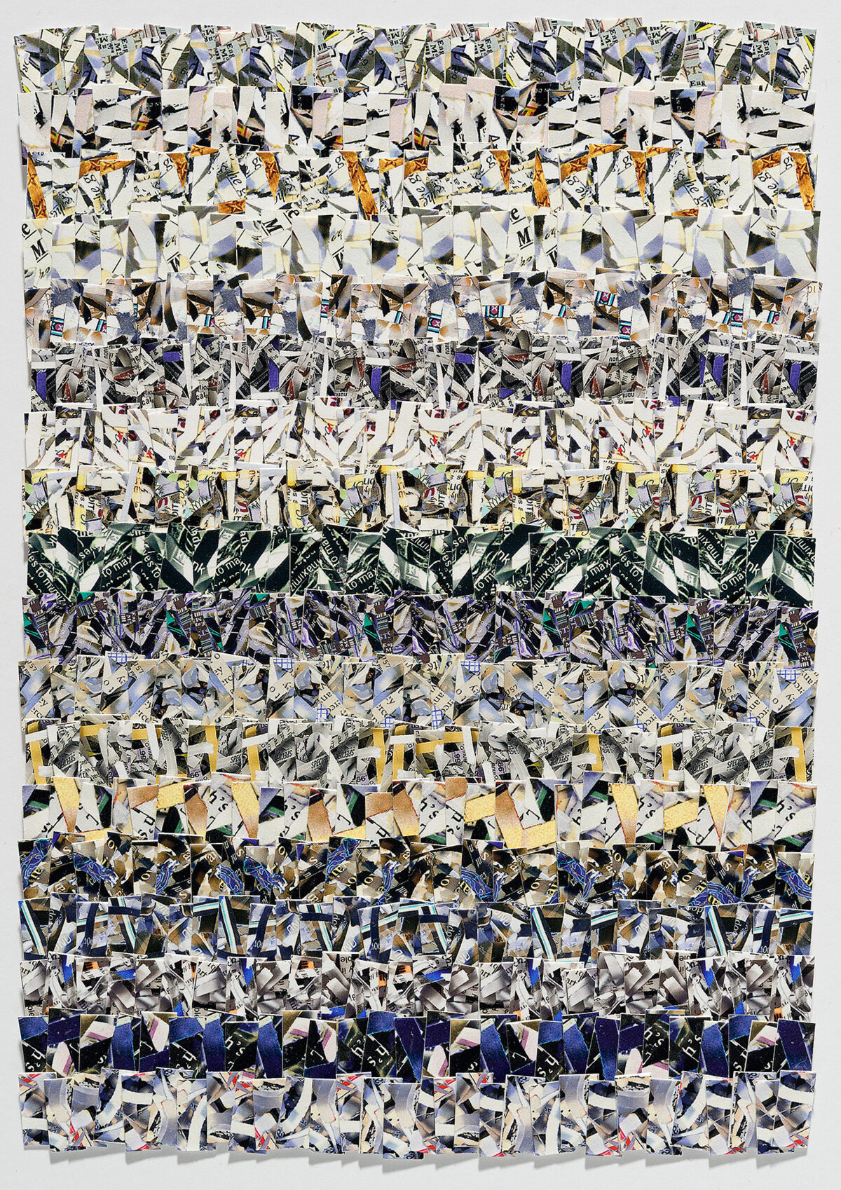 A large-scale abstract composition made of horizontally banded rows of shredded paper and text fragments in black, white, cream, yellow, orange, blue, and purple. The densely layered strips create a textured, collage-like surface with a rhythmic, repetitive pattern across the entire rectangular format.