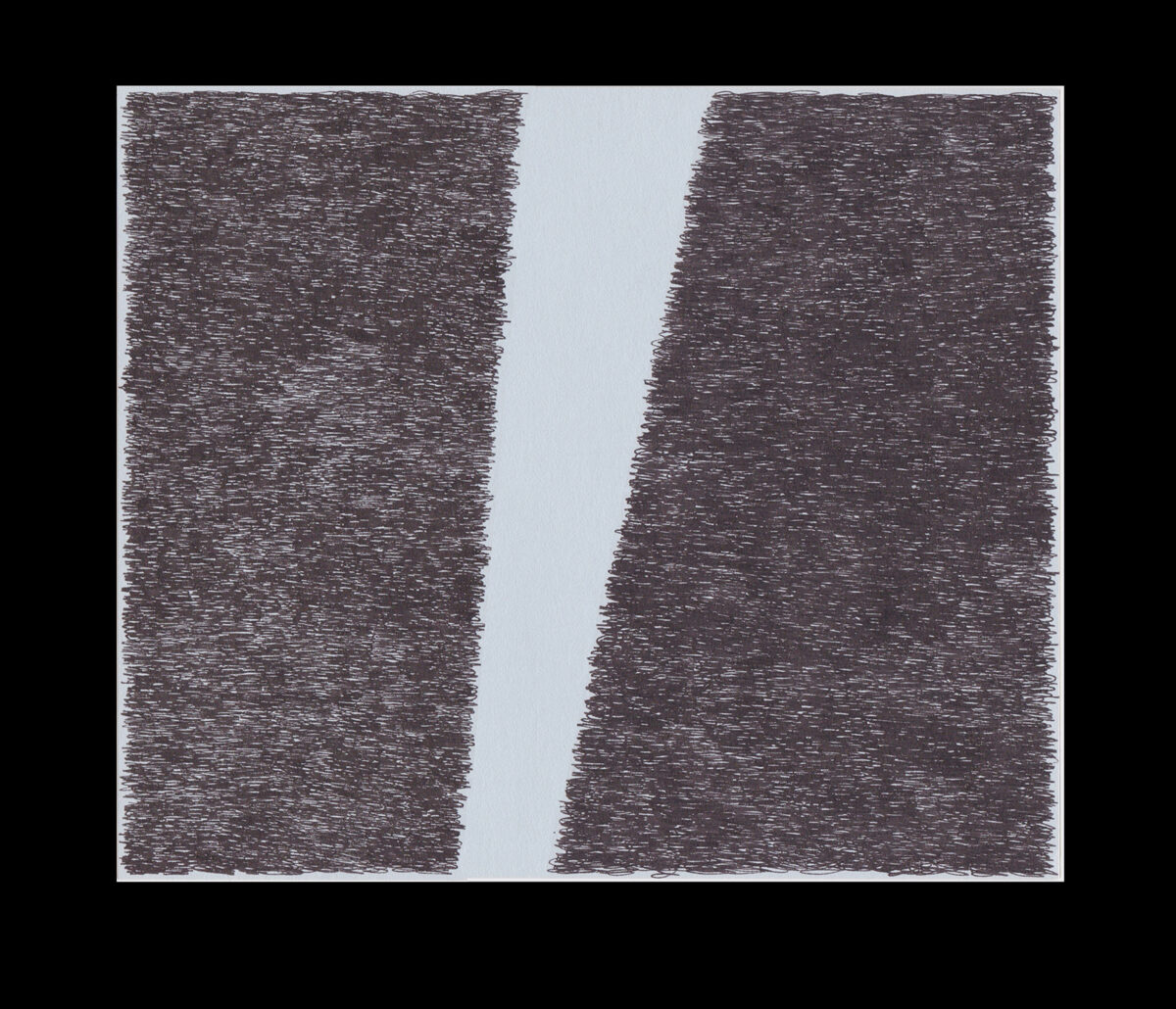 Two vertical rectangular blocks of dense, gestural black marks separated by a narrow vertical gap of white space on a light gray background. The marks appear hand-drawn with rapid, overlapping strokes creating a textured, almost illegible surface across the composition.