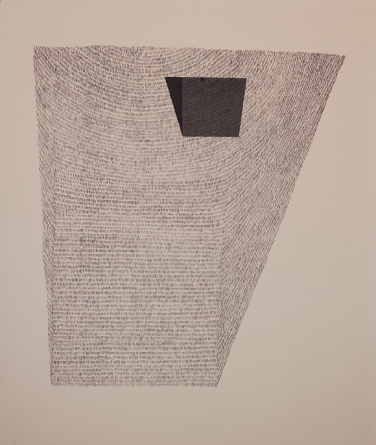 A large trapezoid form filled with fine linear hatching in graphite and silver ink creates a subtle vortex pattern, with a small dark rectangular form positioned near the upper center of the composition against a neutral beige background.
