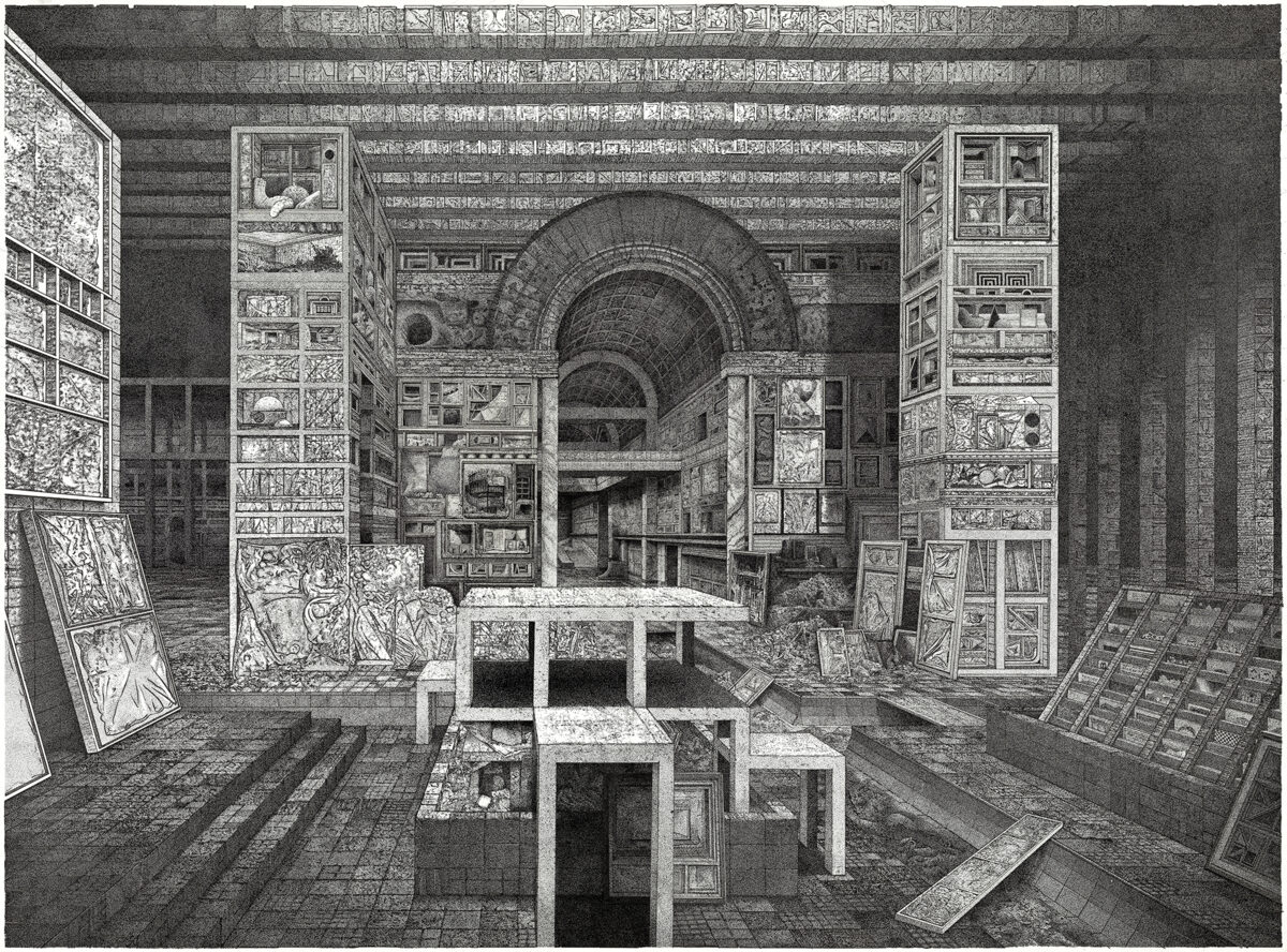 A detailed black and white drawing depicting an underground gallery or storage space with arched ceilings, featuring numerous framed artworks and panels displayed on walls and leaning against surfaces, with geometric patterned floors and a central platform or table structure.