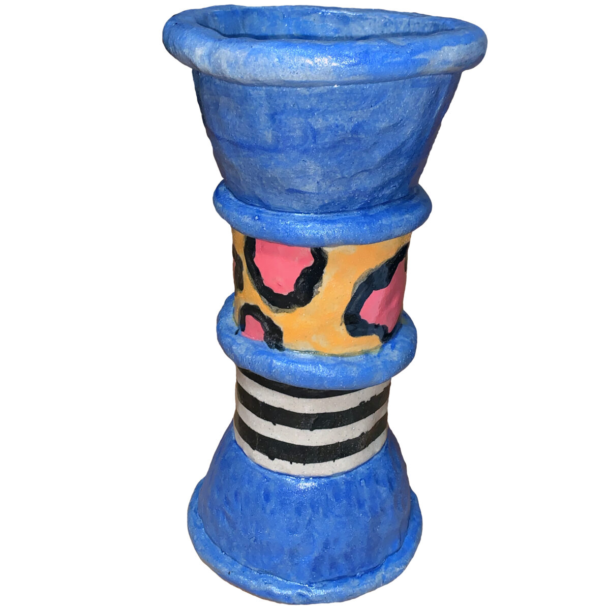 A tall ceramic vessel with a flared trumpet-shaped top in bright blue glaze, featuring a decorative middle section with orange and pink abstract shapes outlined in black, and a lower band of alternating white and black horizontal stripes on a blue base.