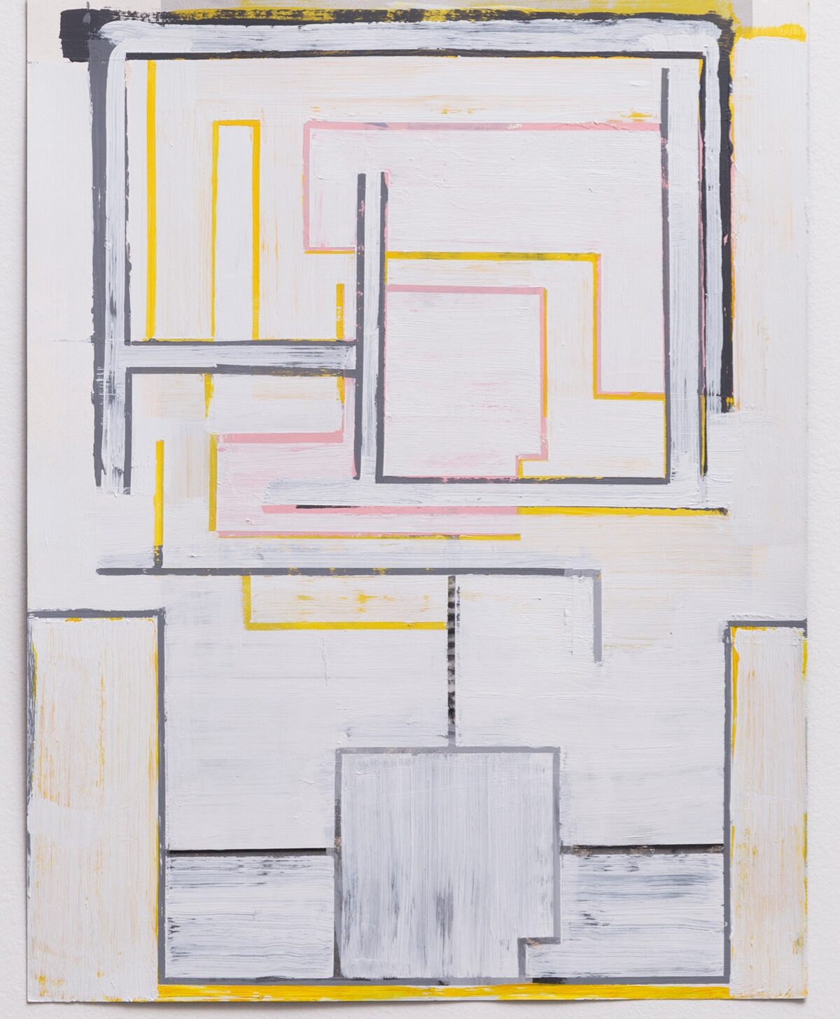 Abstract geometric composition featuring overlapping rectangular frames in gray, yellow, and pink on a white background, with visible brushstrokes and layered paint creating a sense of architectural or spatial depth.